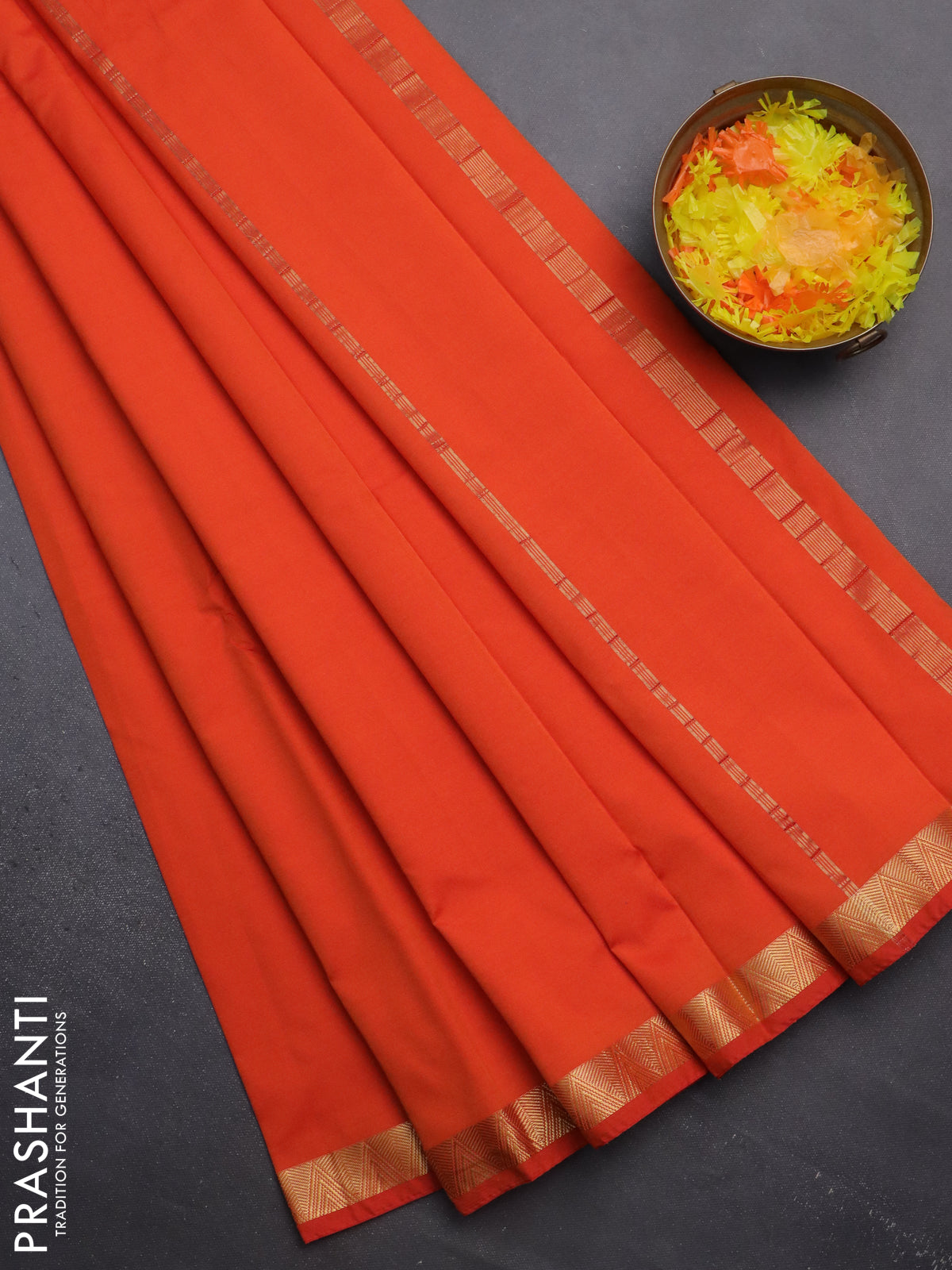 Arani semi silk saree orange with plain body and zari woven border