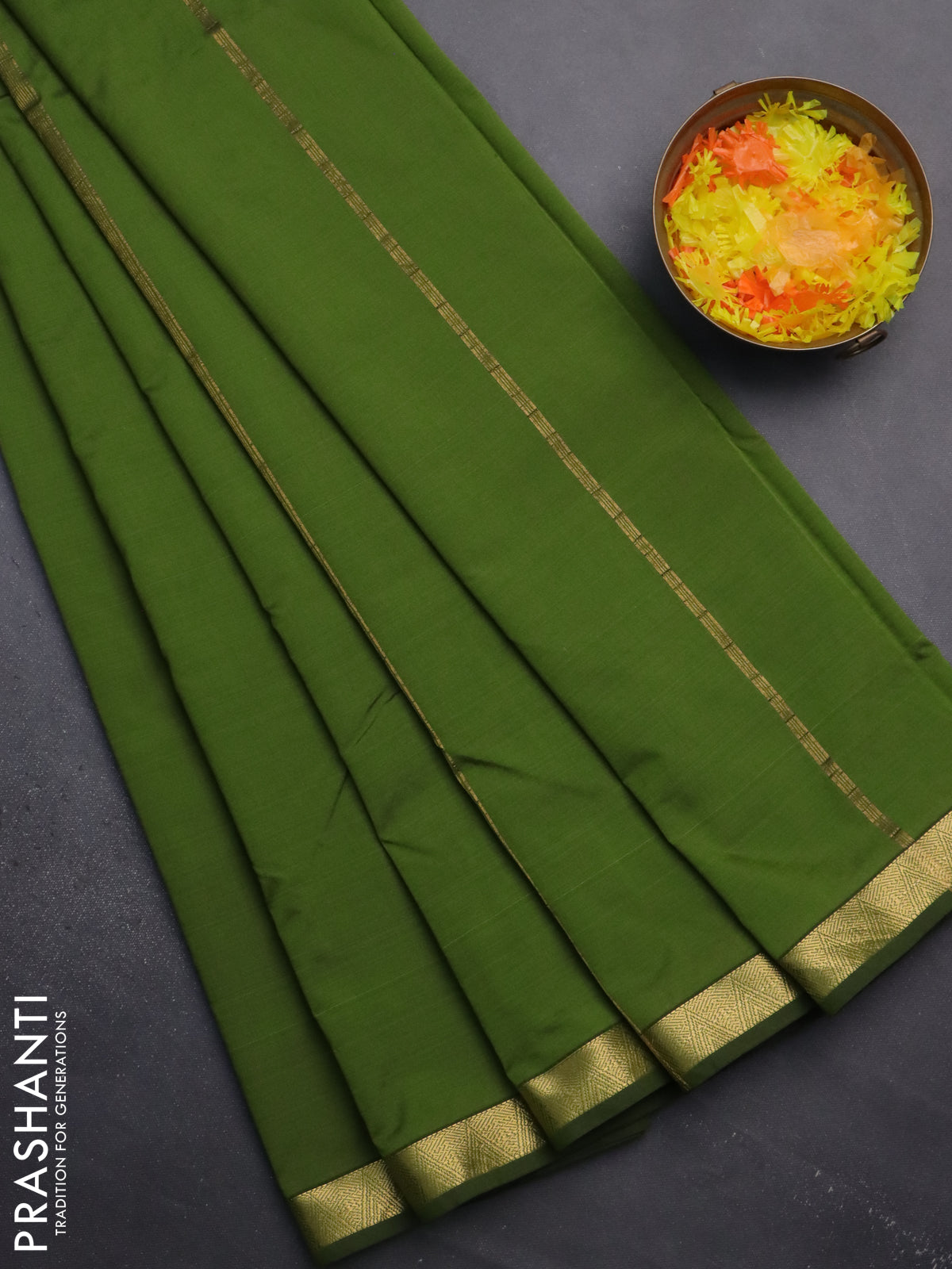 Arani semi silk saree sap green with plain body and zari woven border