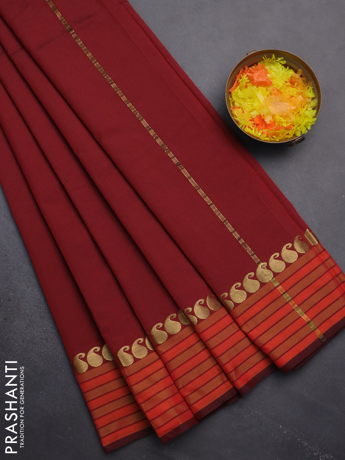Arani semi silk saree maroon and dual shade of orange with plain body and paisley zari woven simple border