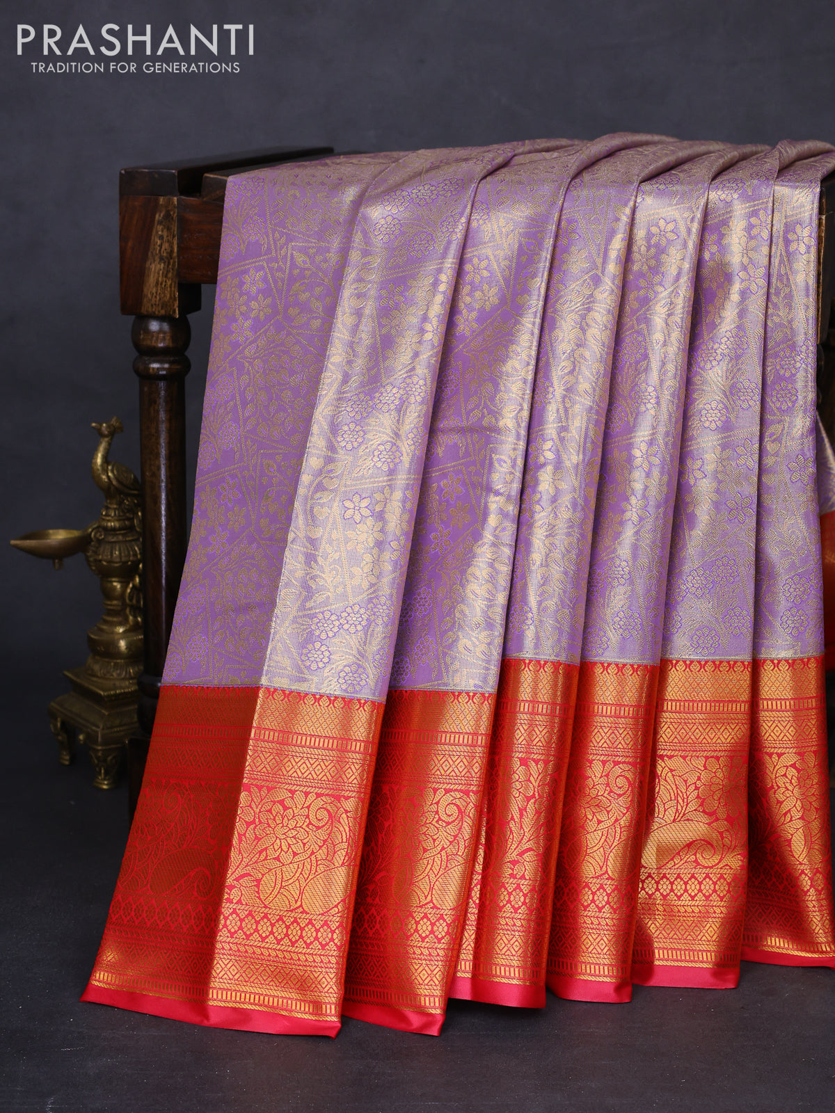 Bangalori tissue silk saree lavender and reddish pink with allover zari woven brocade weaves and long zari woven border