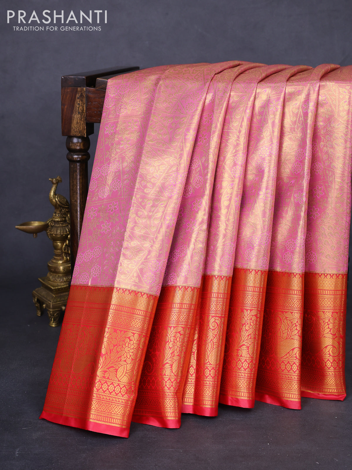 Bangalori tissue silk saree light pink and pink with allover zari woven brocade weaves and long zari woven border