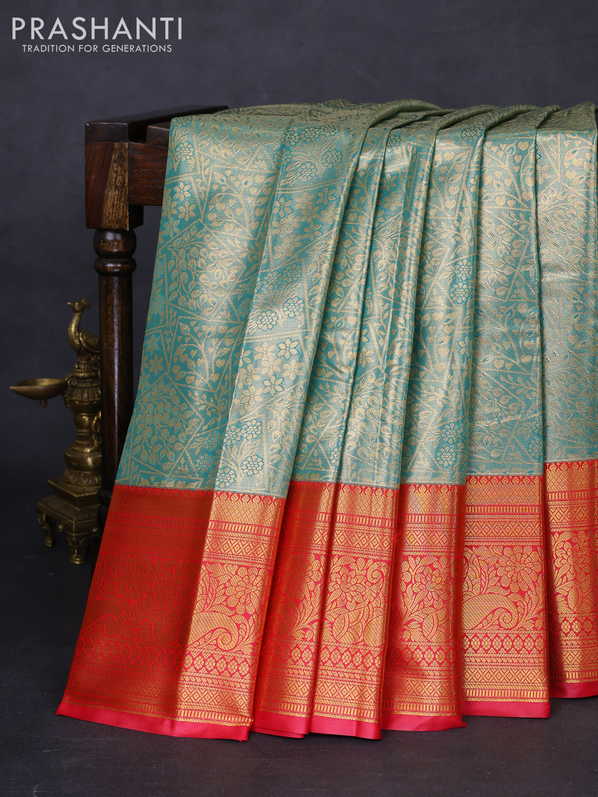 Bangalori tissue silk saree teal green shade and reddish pink with allover zari woven brocade weaves and long zari woven border