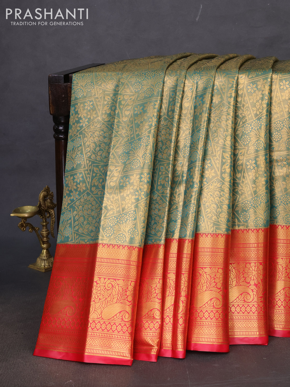 Bangalori tissue silk saree teal green and reddish pink with allover zari woven brocade weaves and long zari woven border