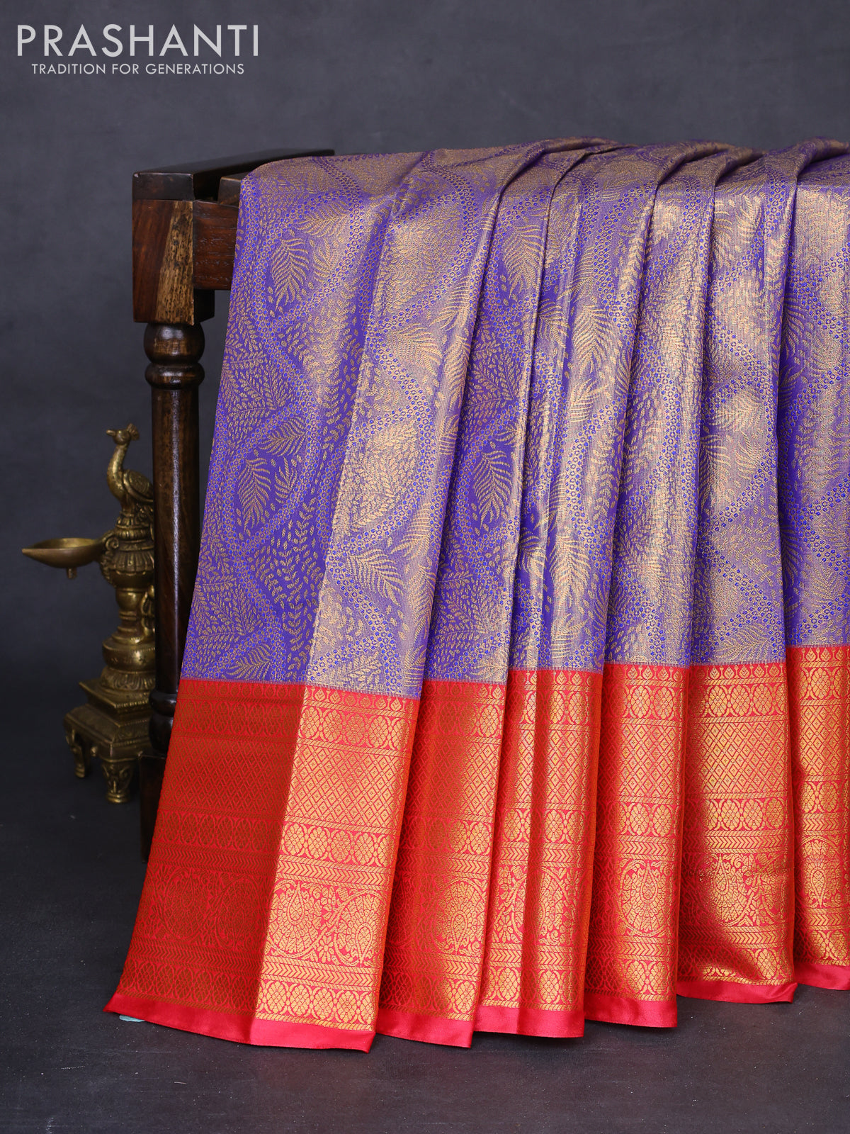Bangalori tissue silk saree blue and red with allover zari woven brocade weaves and long zari woven border