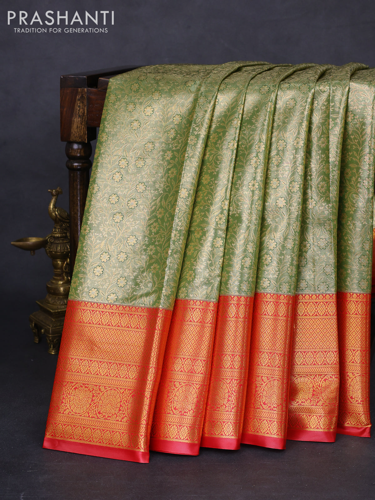 Bangalori tissue silk saree green and red with allover zari woven brocade weaves and long zari woven border