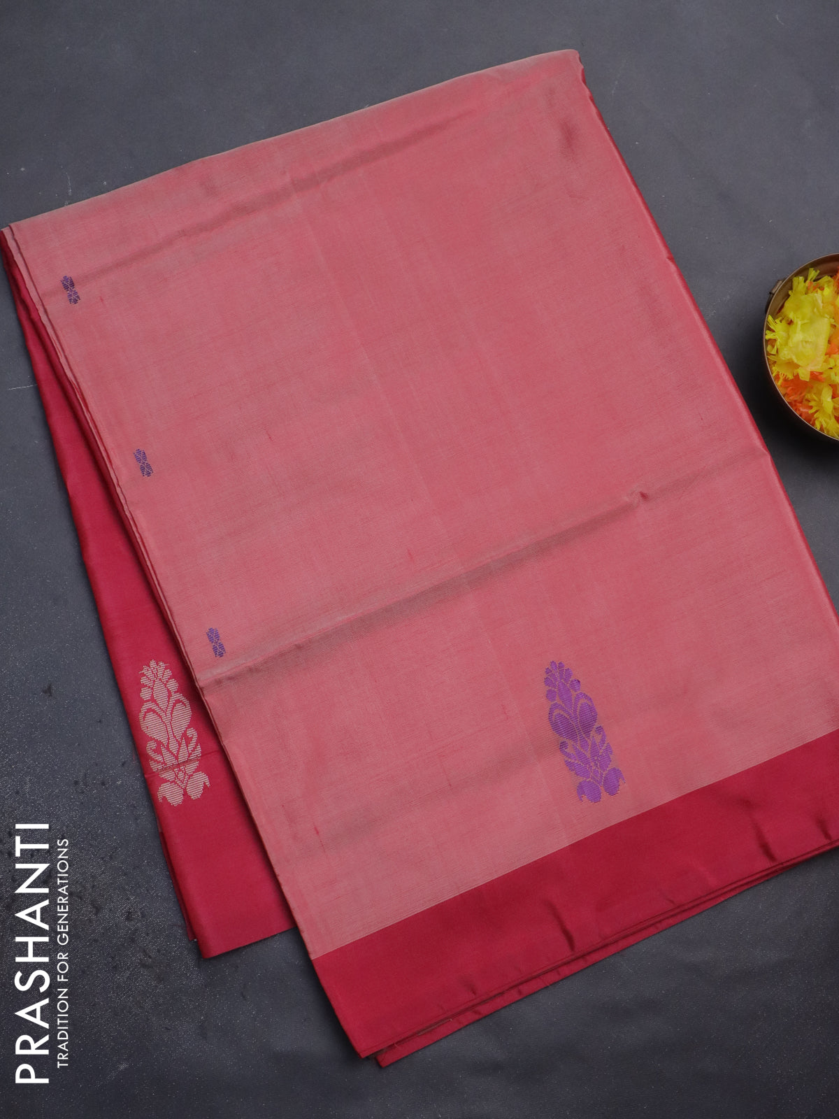 Banana pith saree red and pink with thread woven buttas and contrast border