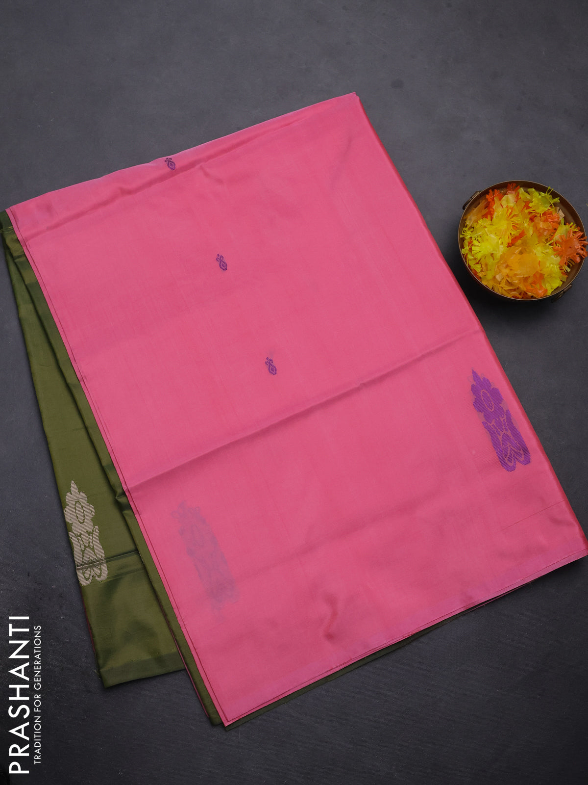 Banana pith saree peach pink and sap green with thread woven buttas in borderless style