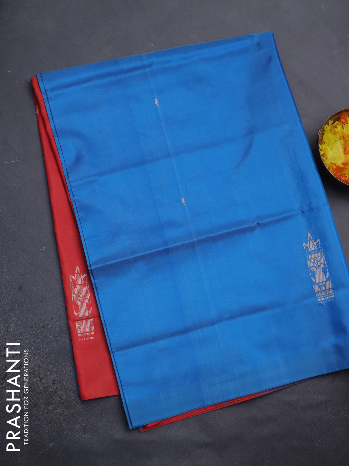 Banana pith saree blue and red with thread woven buttas in borderless style