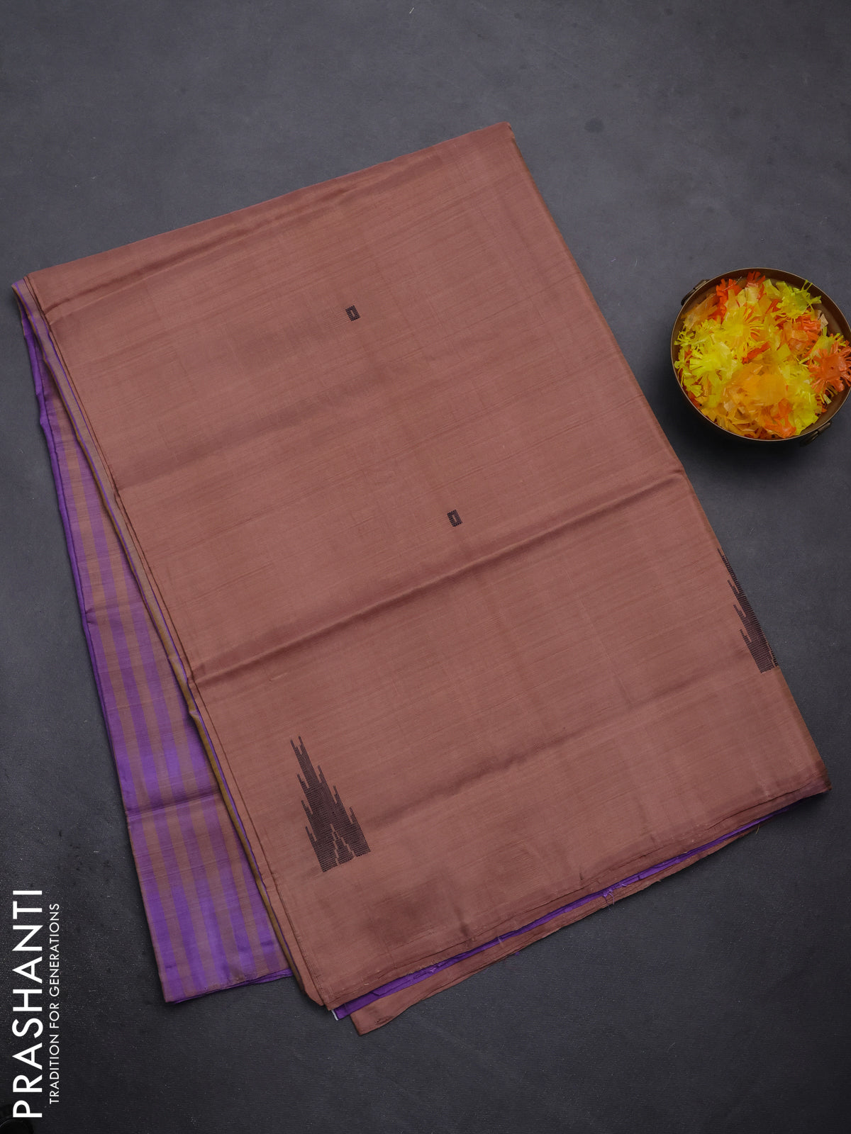 Banana pith saree pastel brown and lavender with thread woven buttas in borderless style