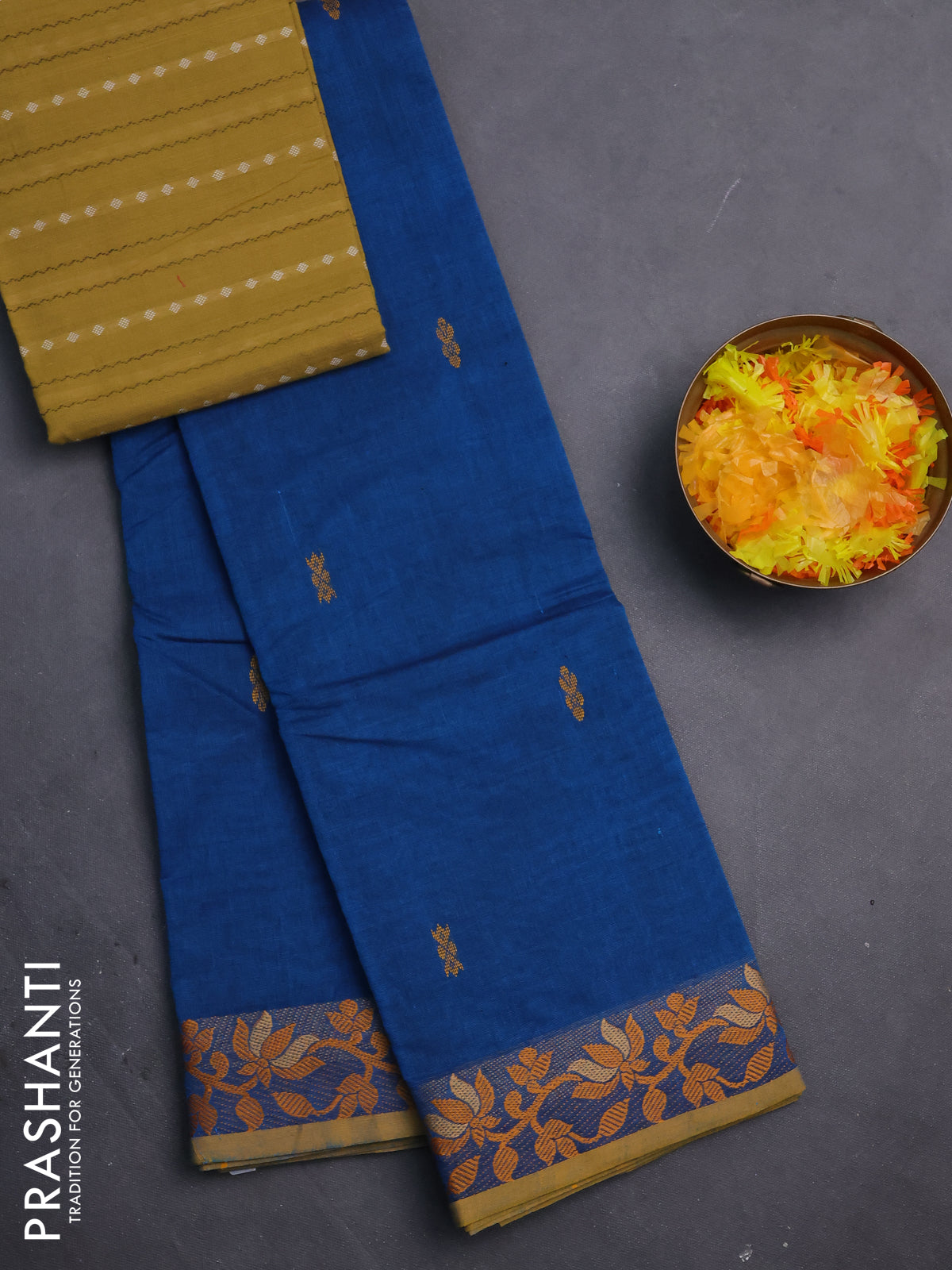 Chettinad cotton saree cs blue and yellow with thread woven buttas and floral design border
