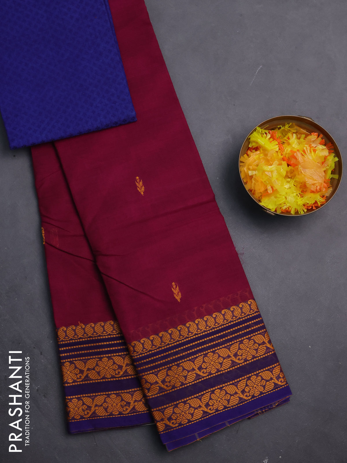 Chettinad cotton saree magenta pink and blue with thread woven buttas and thread woven border