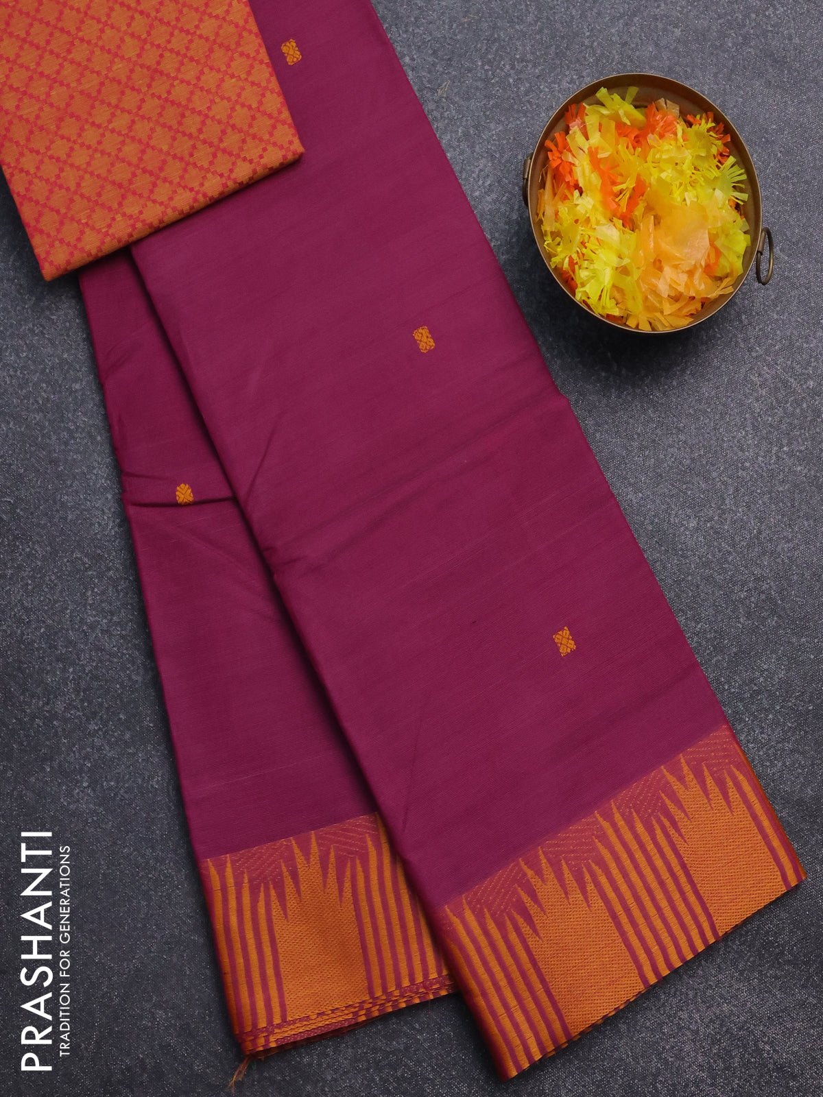 Chettinad cotton saree magenta pink and mustard shade with thread woven buttas and thread woven border