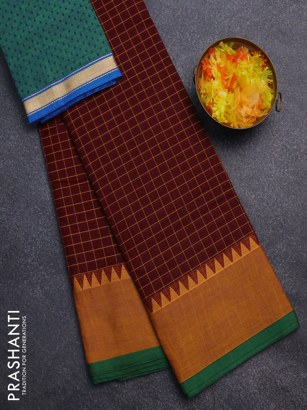 Chettinad cotton saree maroon shade and mustard yellow with allover checked pattern and temple design border