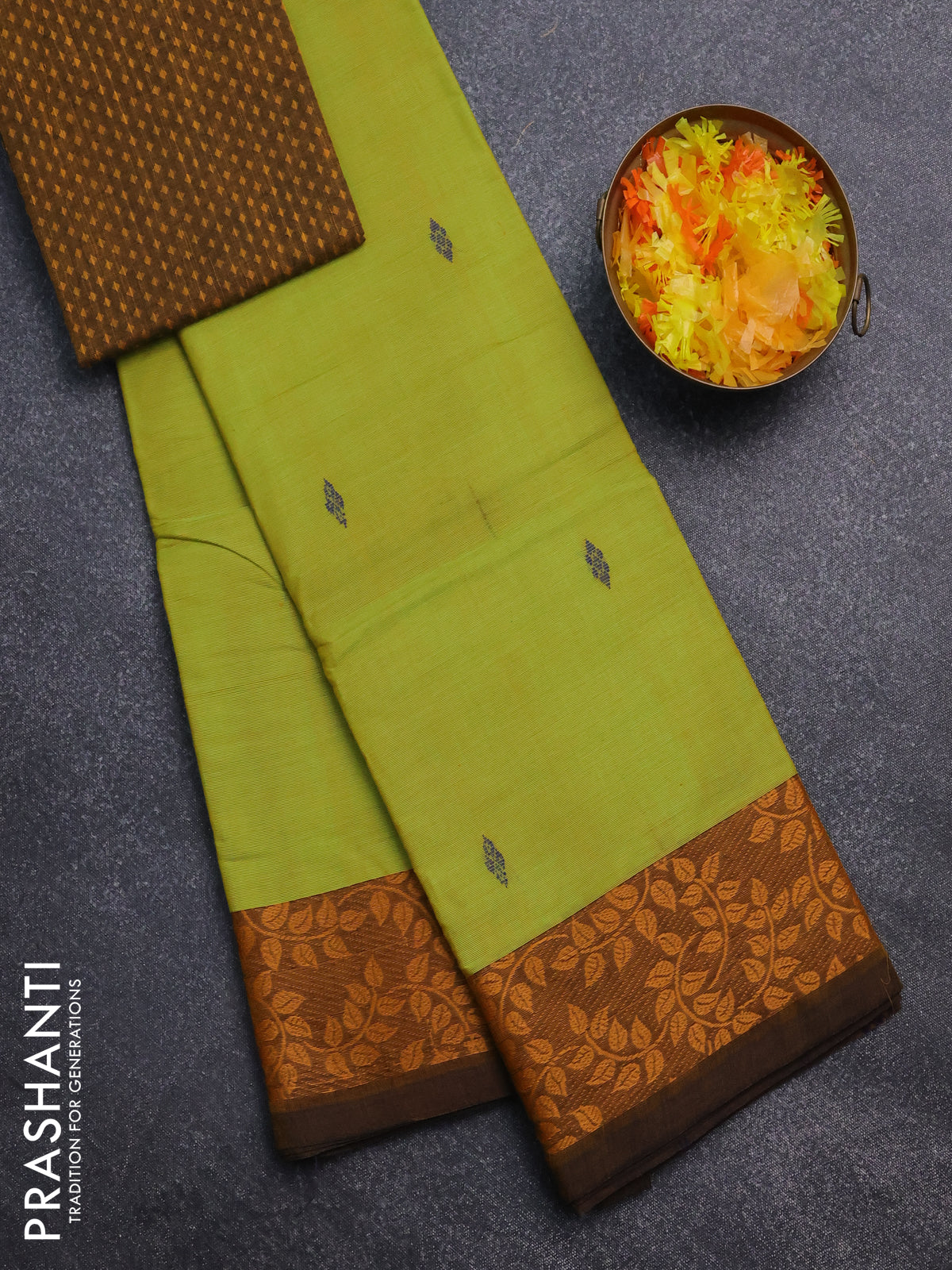 Chettinad cotton saree lime green and brown with plain body and leaf design border