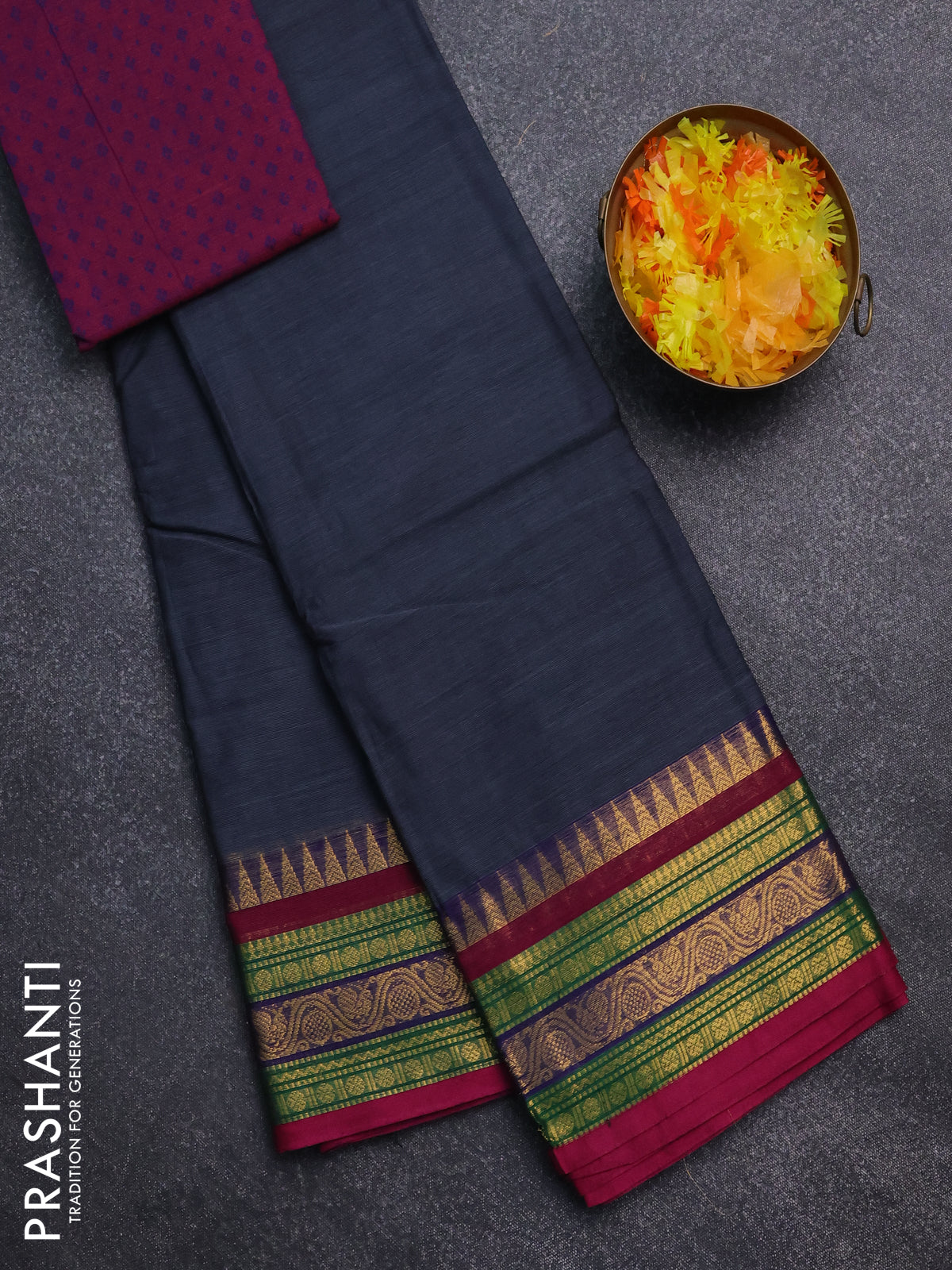 Chettinad cotton saree grey and pink with thread woven buttas and zari woven border