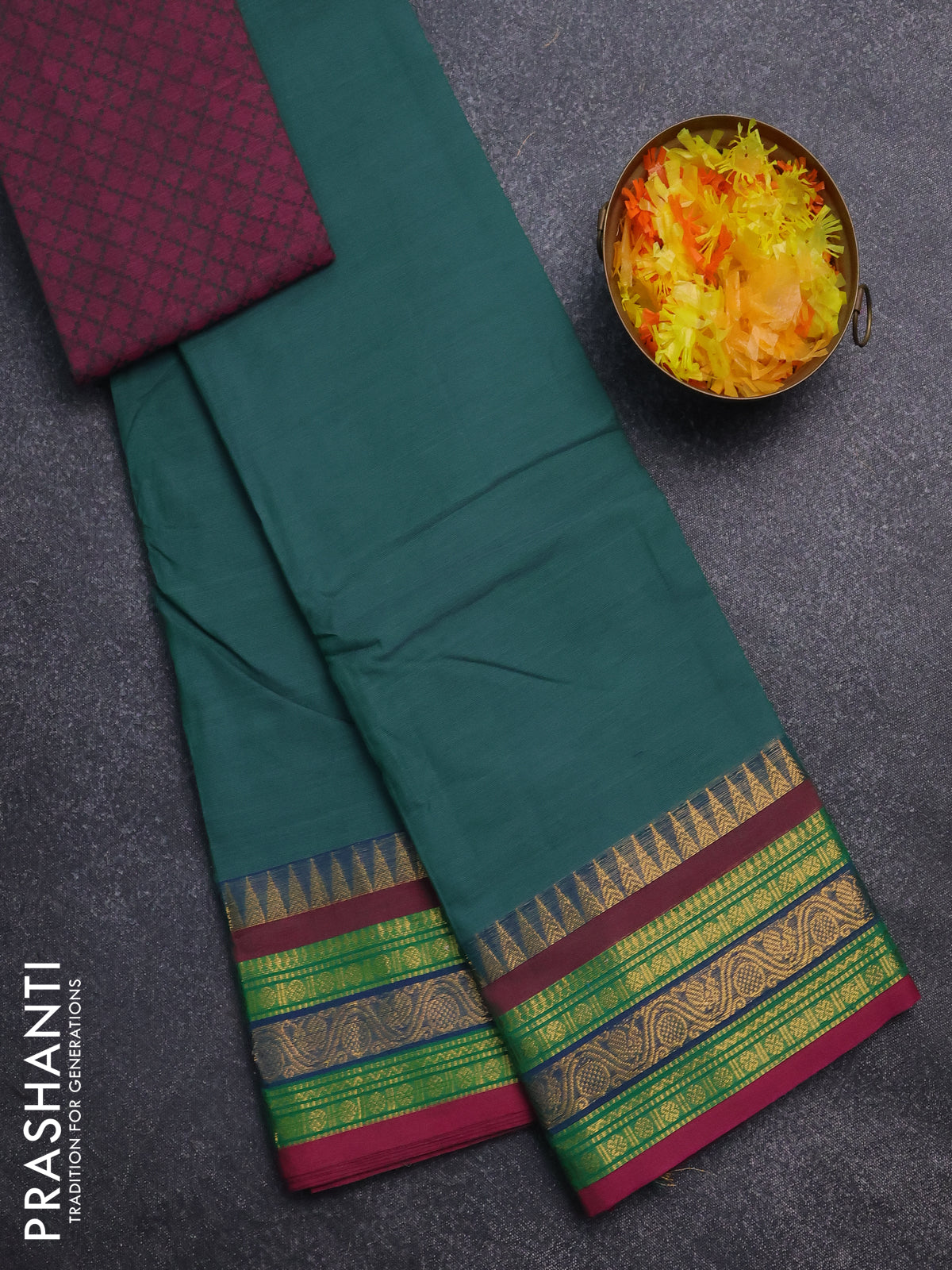 Chettinad cotton saree teal green and pink with thread woven buttas and zari woven border