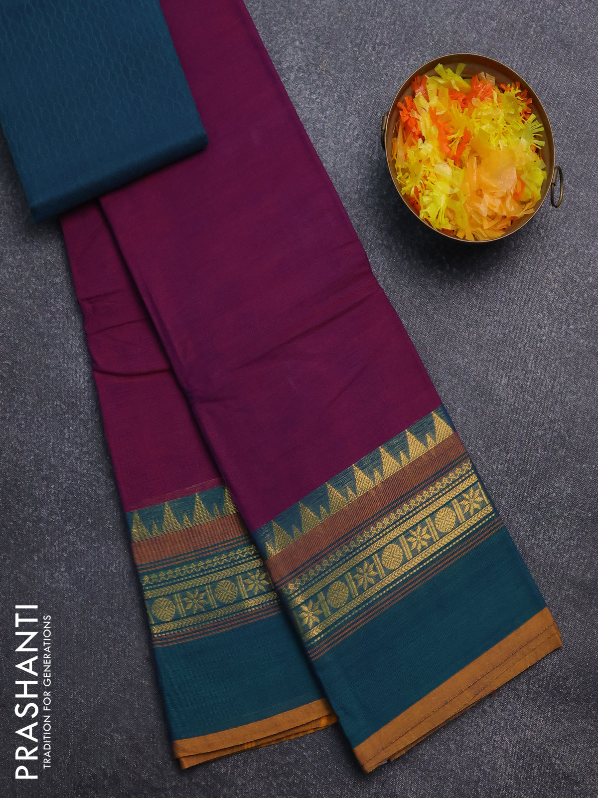 Chettinad cotton saree purple and peacock green with thread woven buttas and temple disign zari woven border