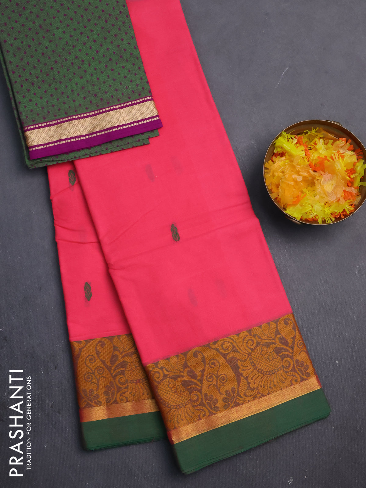 Chettinad cotton saree peach pink and green with thread woven buttas and thread & zari woven border