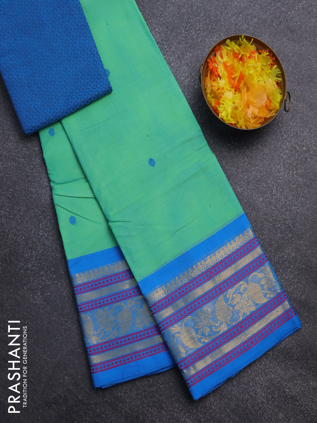 Chettinad cotton saree teal green and blue with thread woven buttas and temple disign zari woven border