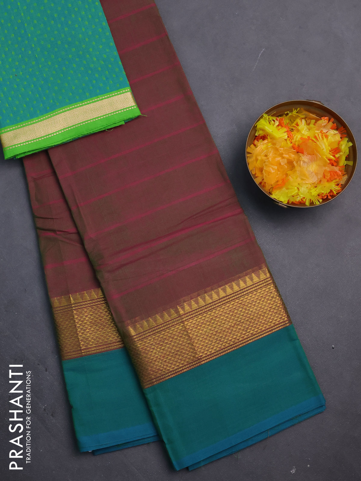 Chettinad cotton saree dual shade of greenish pink and teal green with thread woven buttas and zari woven simple border