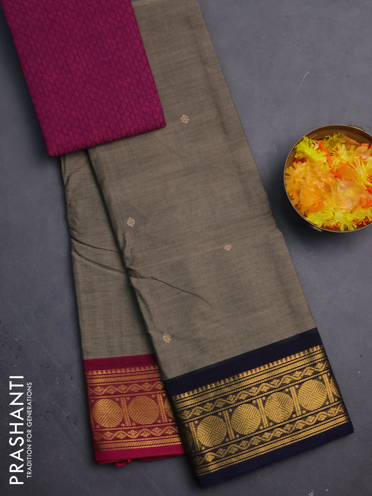 Chettinad cotton saree grey with thread woven buttas and ganga jamuna border