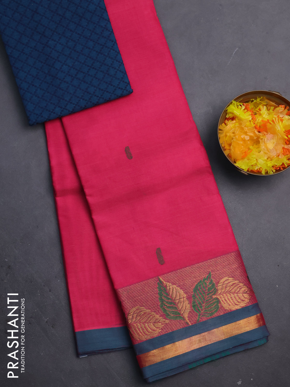 Chettinad cotton saree pink and dual shade of teal green with thread woven buttas and leaf design zari woven border