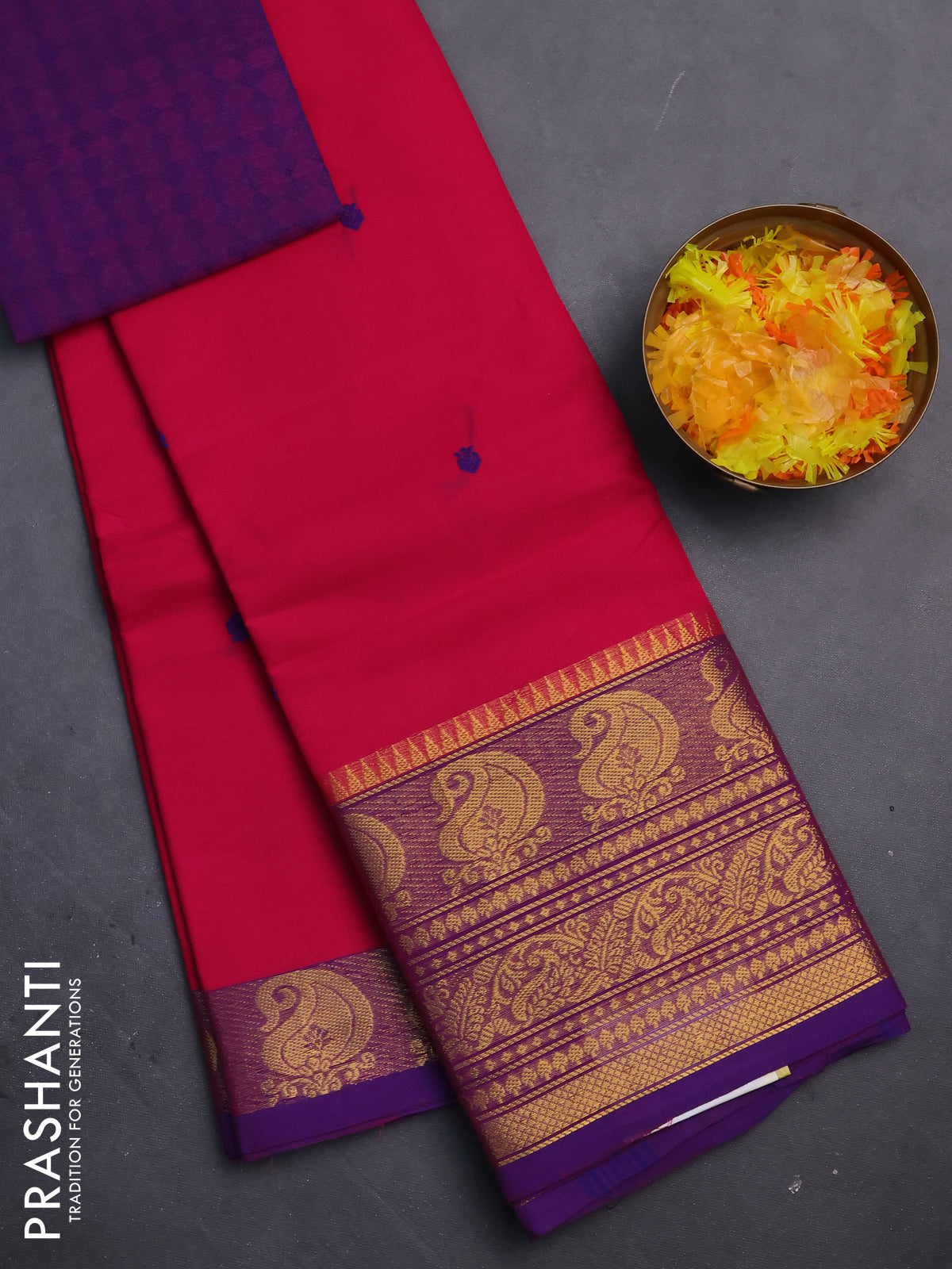 Chettinad cotton saree pink and purple with thread woven buttas and zari woven border