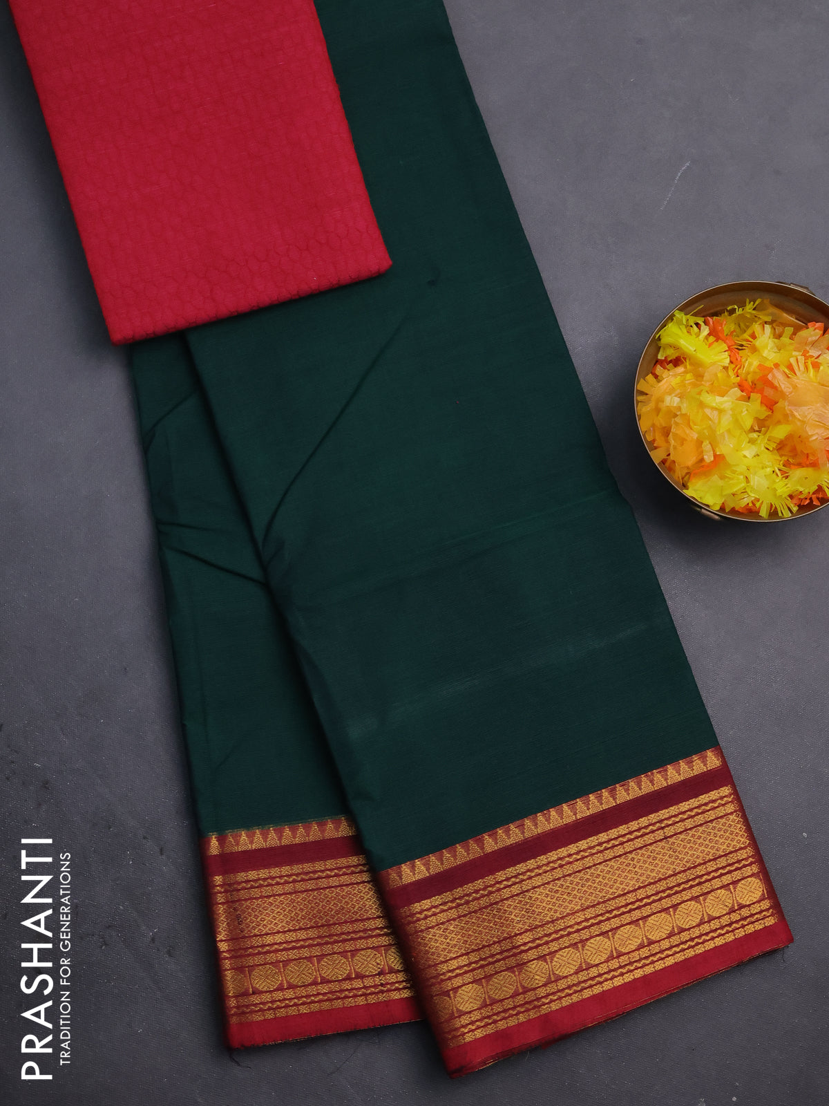 Chettinad cotton saree green and maroon with thread woven buttas and zari woven border