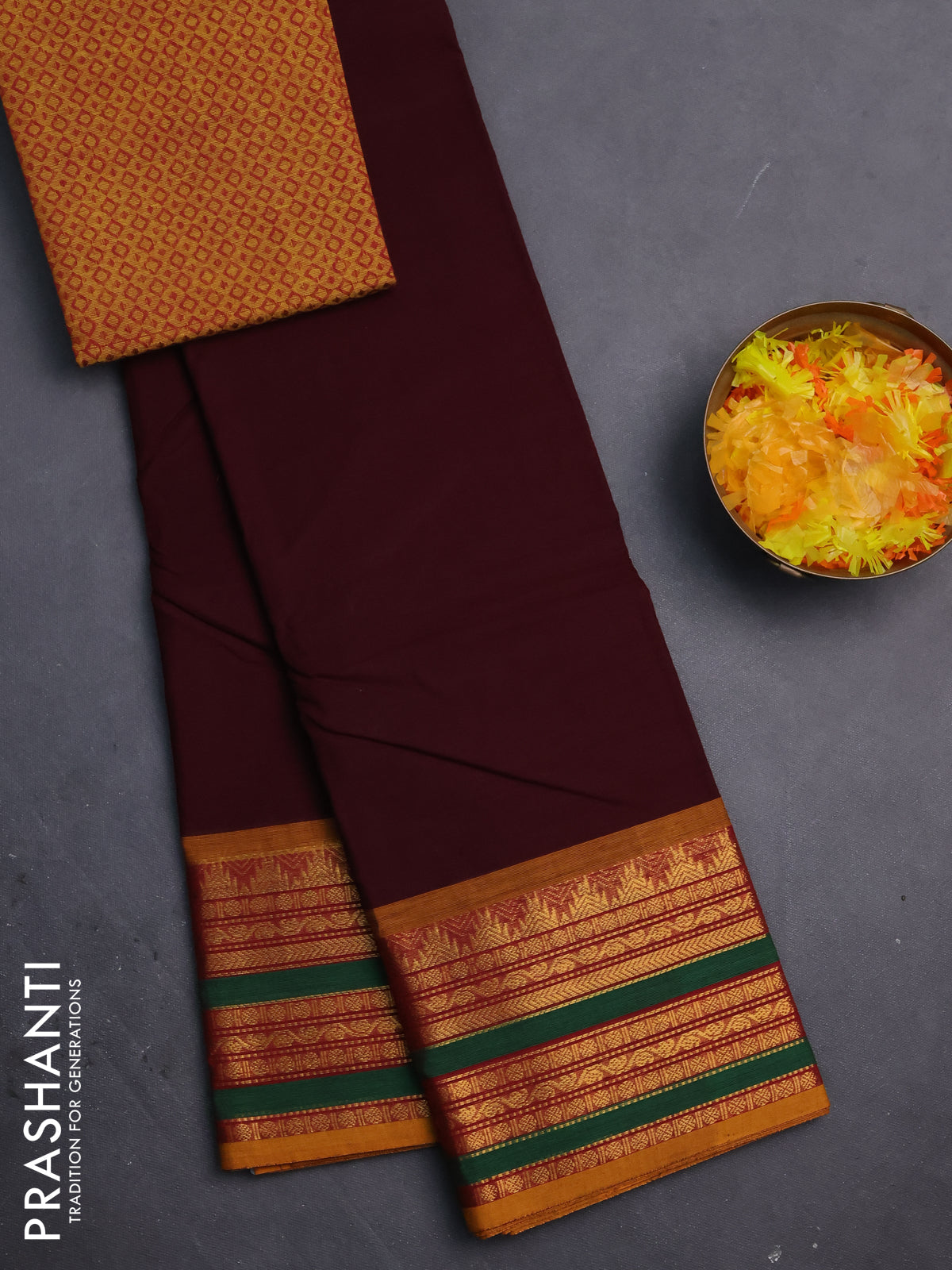 Chettinad cotton saree brown and mustard yellow with thread woven buttas and zari woven border