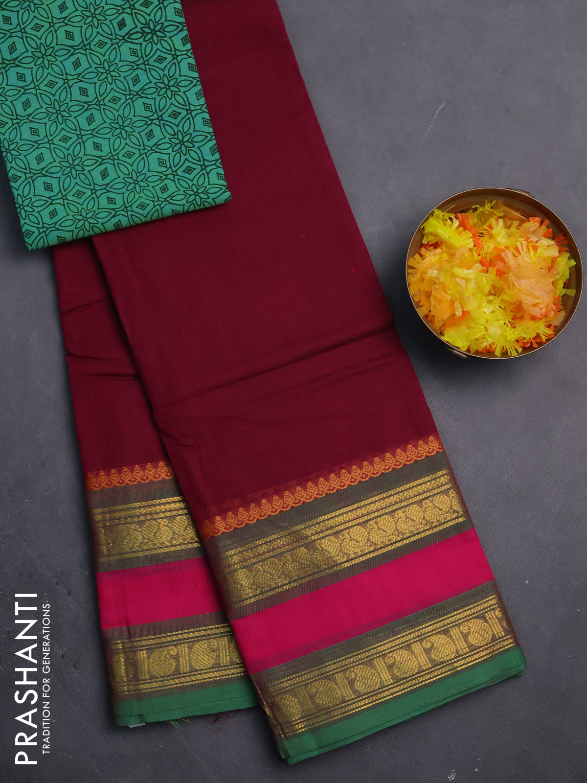 Chettinad cotton saree dark magenta pink and green with thread woven buttas and rettapet zari woven border