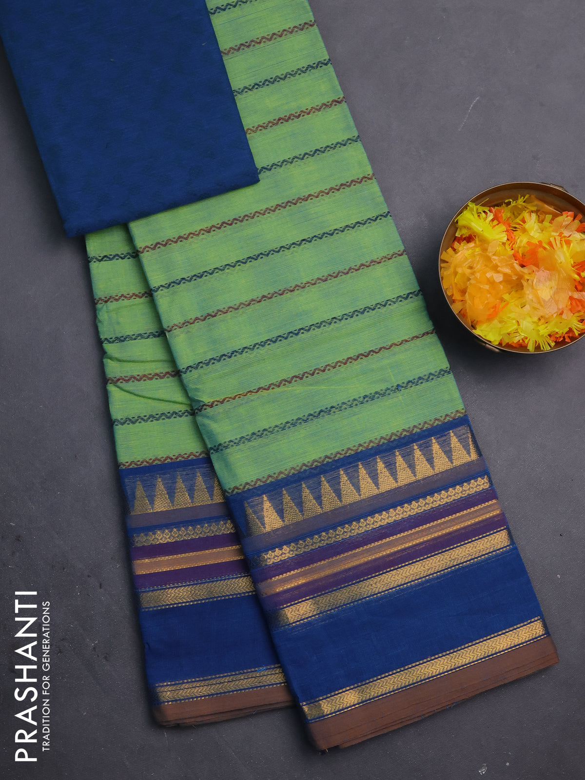Chettinad cotton saree pastel green and cs blue with allover thread woven stripes pattern and zari woven border