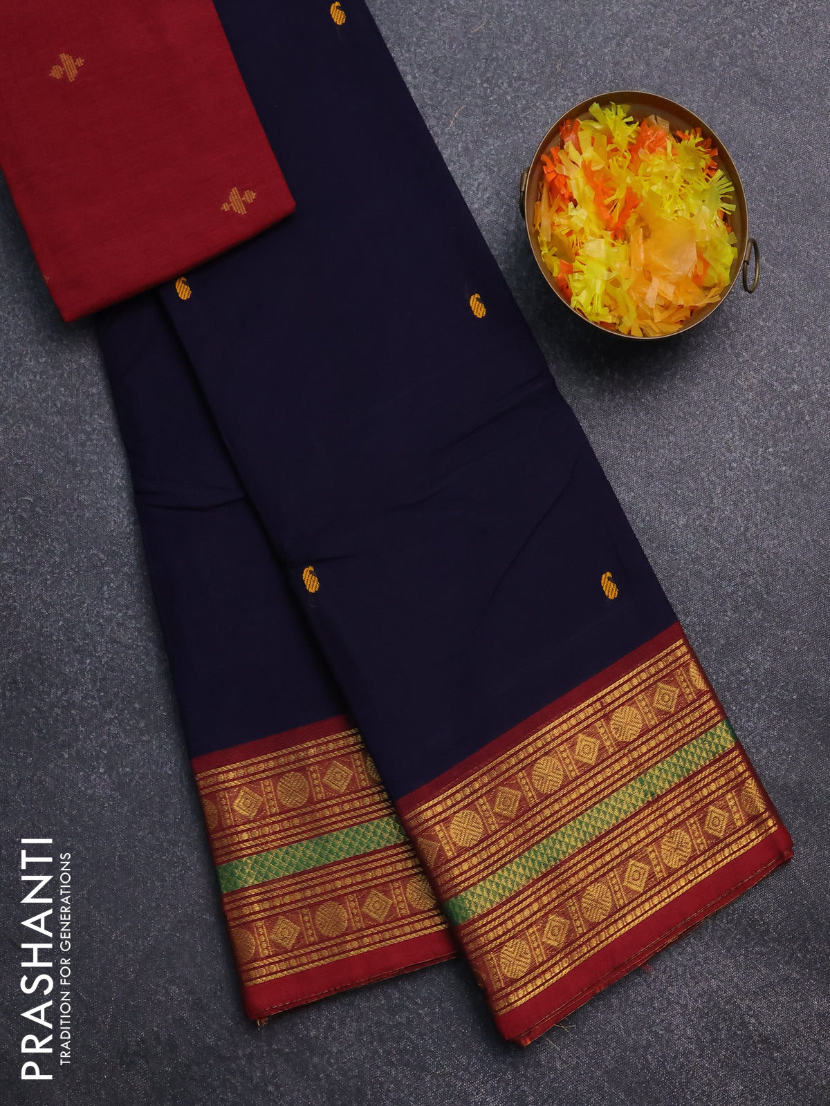 Chettinad cotton saree navy blue and maroon with thread woven buttas and zari woven border