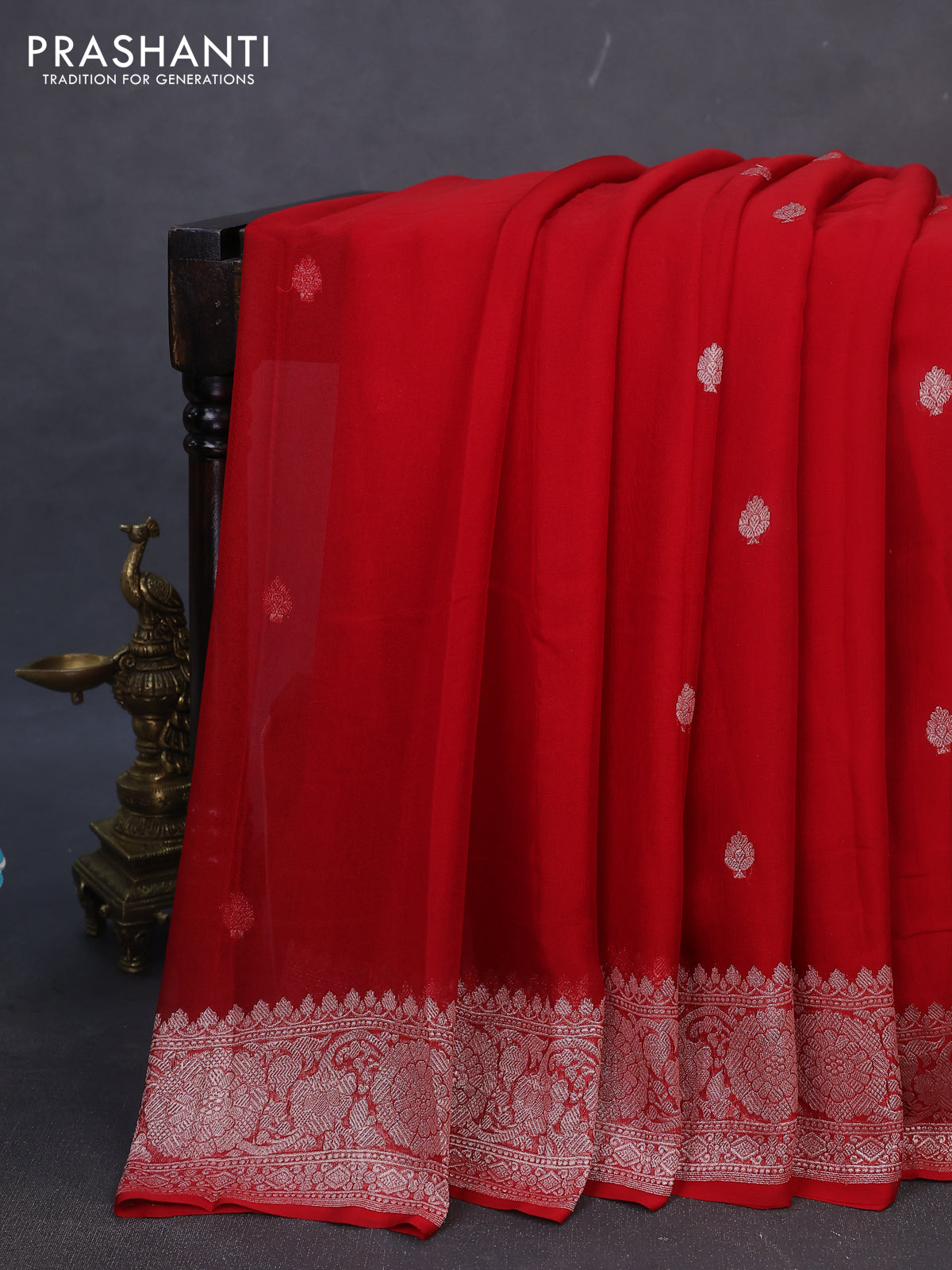 Banarasi chiffon silk saree red with silver zari woven buttas and silver zari woven border