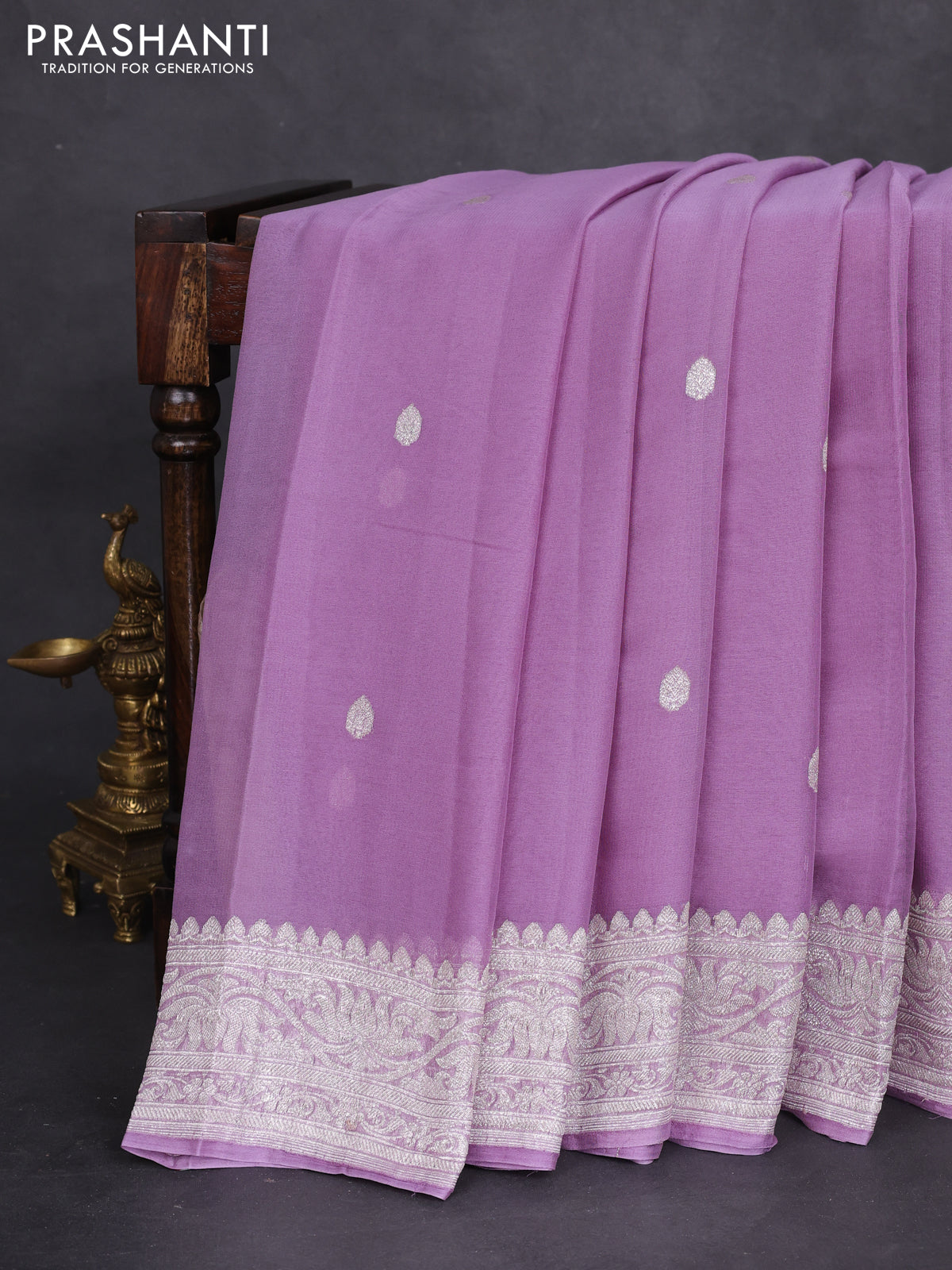 Banarasi chiffon silk saree pastel lavender with silver zari woven buttas and silver zari woven border