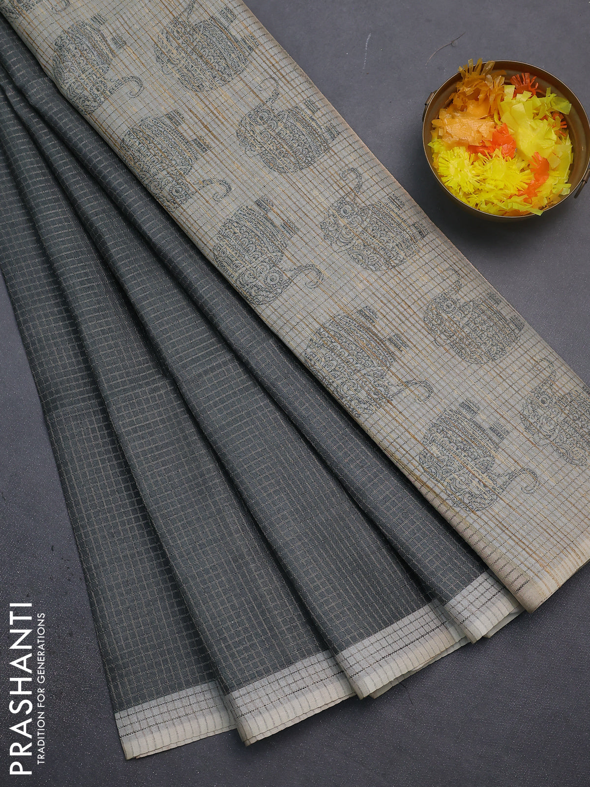 Chappa saree elephant grey and pastel grey with allover small zari checked pattern and elephant butta prints