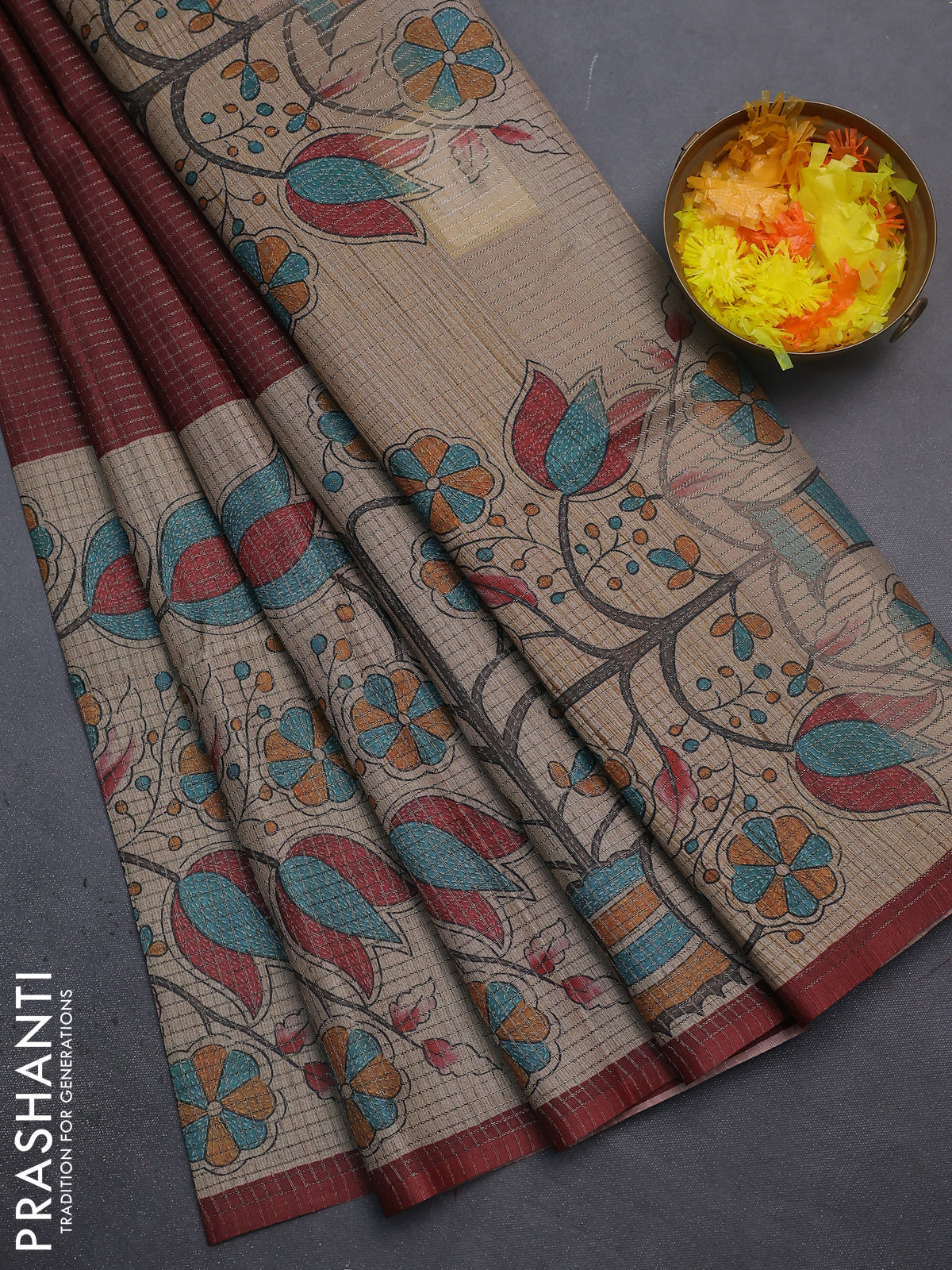 Chappa saree deep maroon and beige with allover small zari checked pattern and floral digital printed pallu