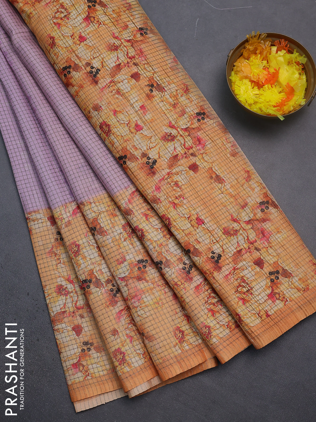 Chappa saree lavender and pale orange with allover small zari checked pattern and floral digital printed pallu