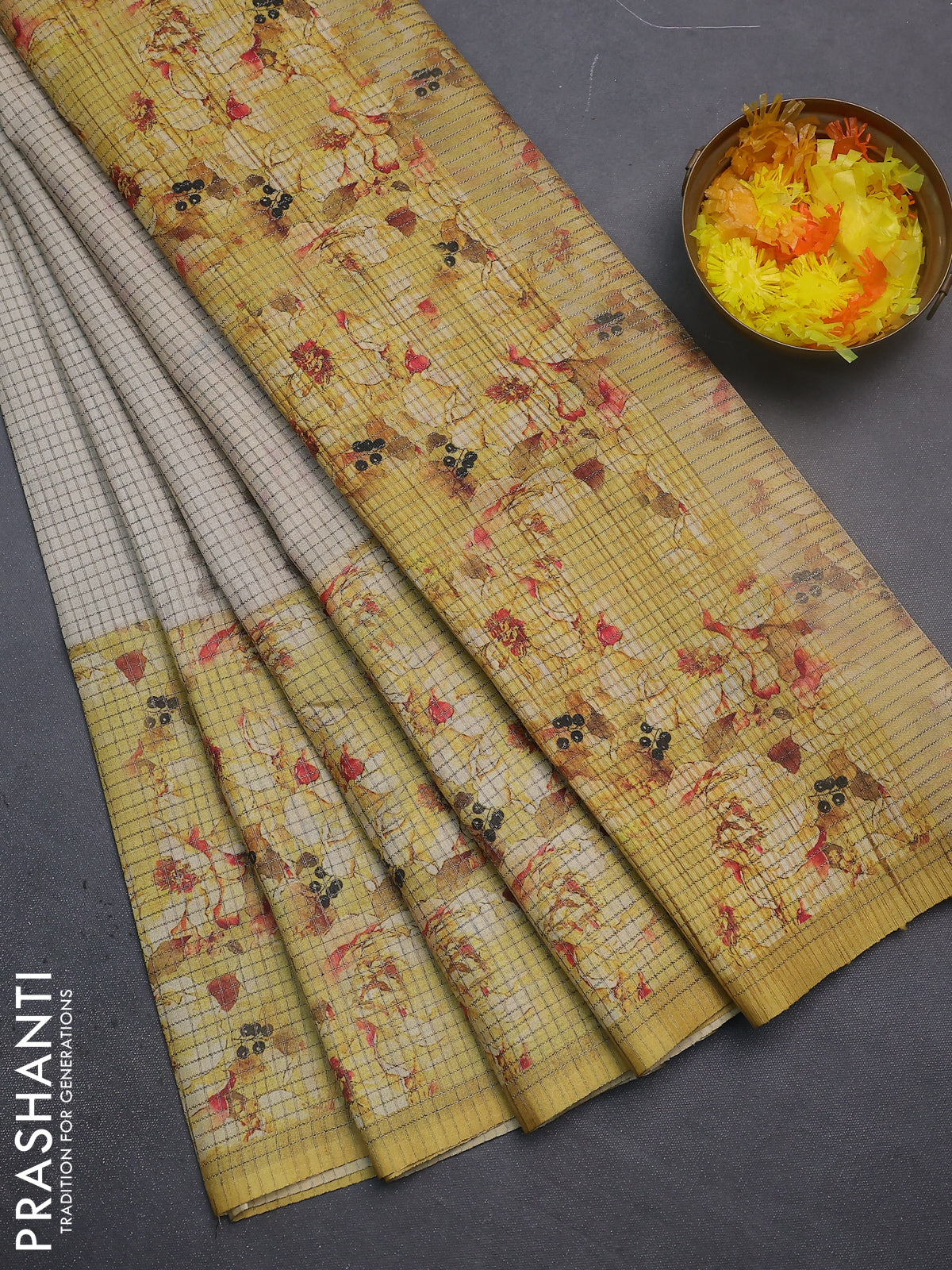 Chappa saree beige and pale yellow with allover small zari checked pattern and floral digital printed pallu