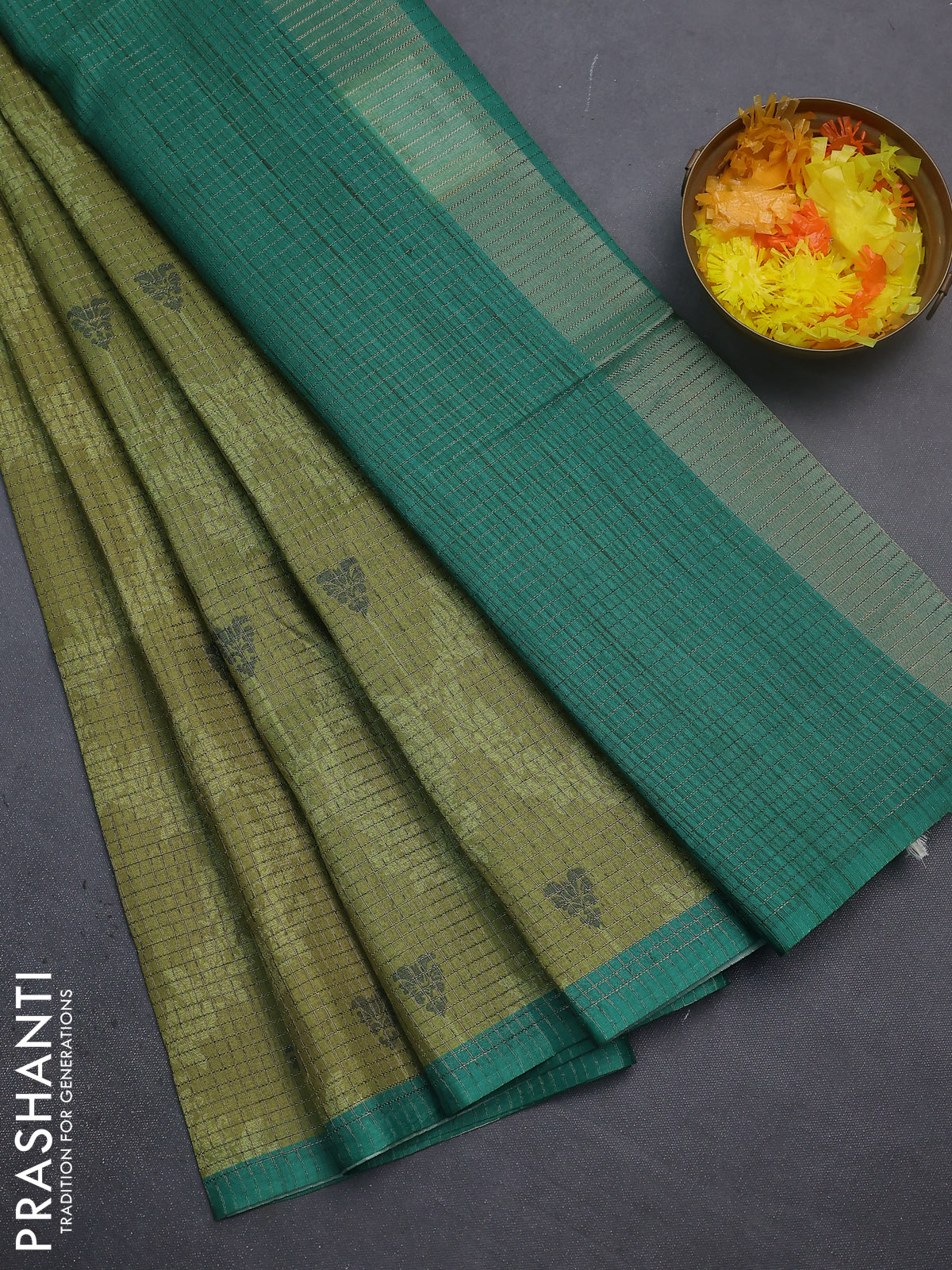 Chappa saree light green and green with allover small zari checked pattern & prints and piping border