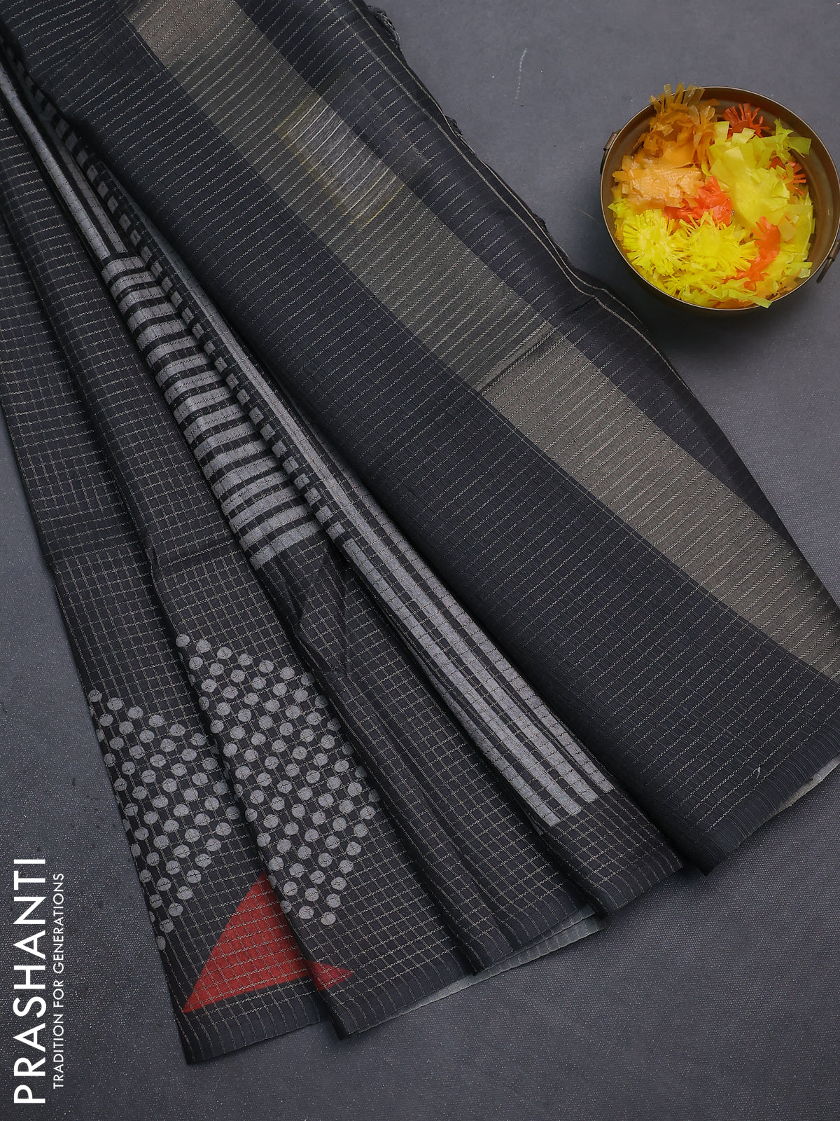 Chappa saree elephant grey and grey with allover small zari checked pattern and printed border