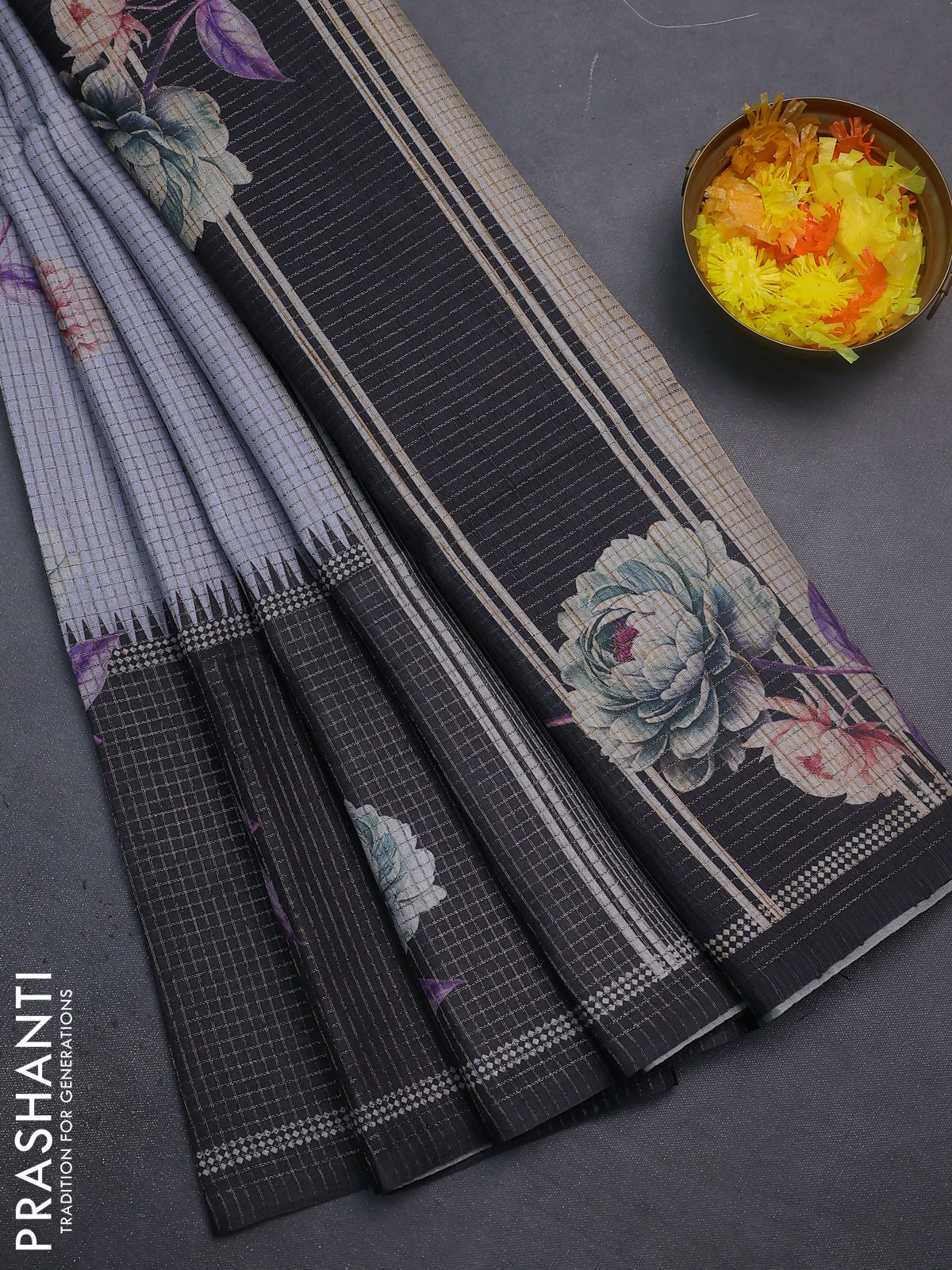 Chappa saree pastel grey and black with allover small zari checked pattern & floral digital prints and ganga jamuna border