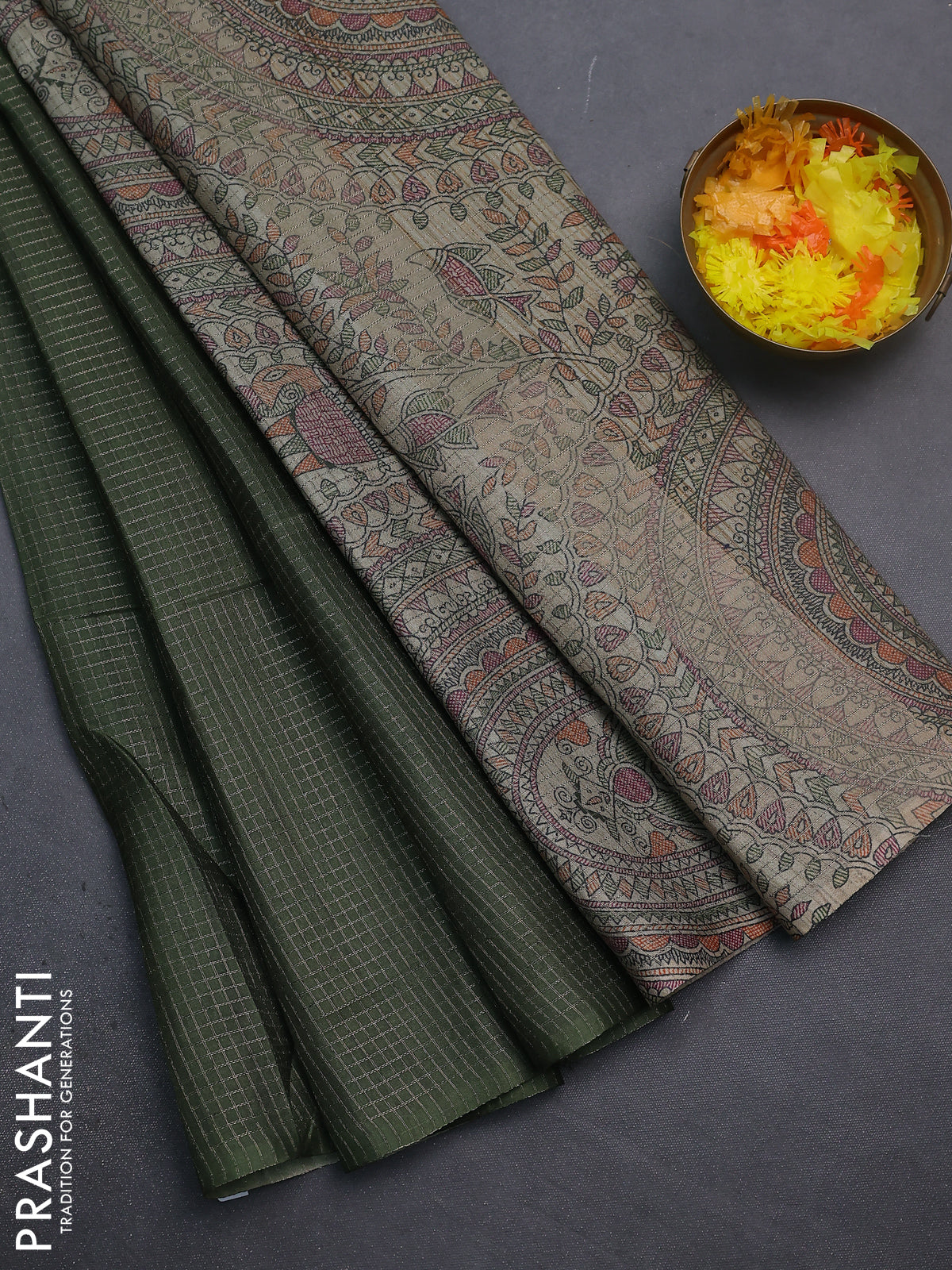 Chappa saree sap green and beige with allover small zari checked pattern and madhubani printed pallu