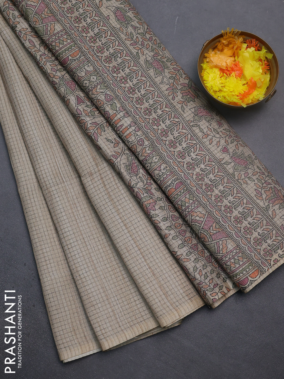 Chappa saree beige with allover small zari checked pattern and madhubani printed pallu
