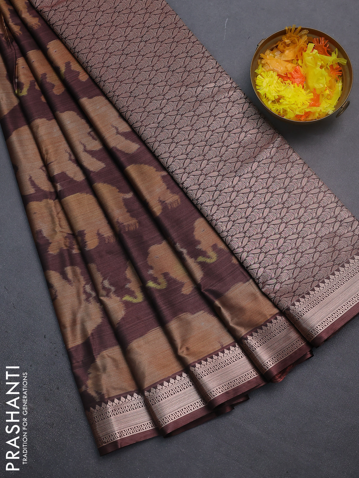 Bangalori semi silk saree coffee brown and dark mustard with allover elephant butta ikat weaves and zari woven border