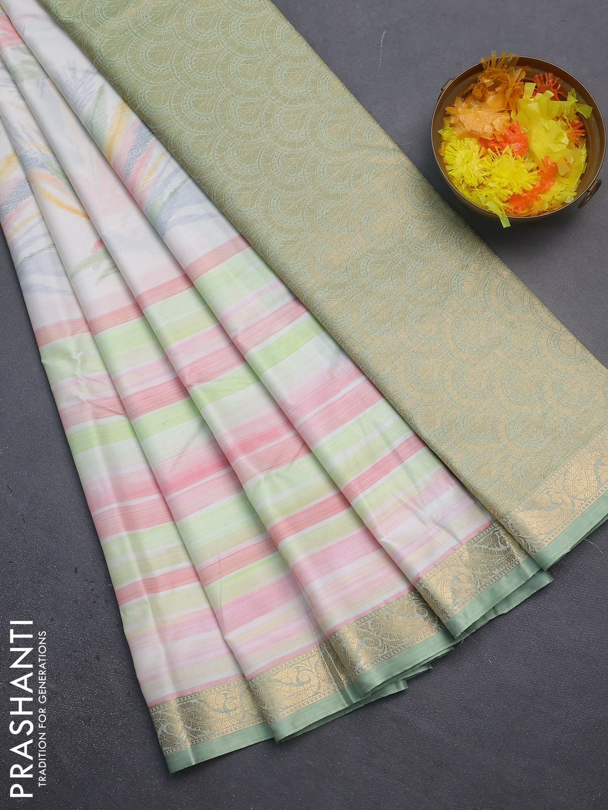 Bangalori semi silk saree cream and pastel green with allover ikat weaves and zari woven border