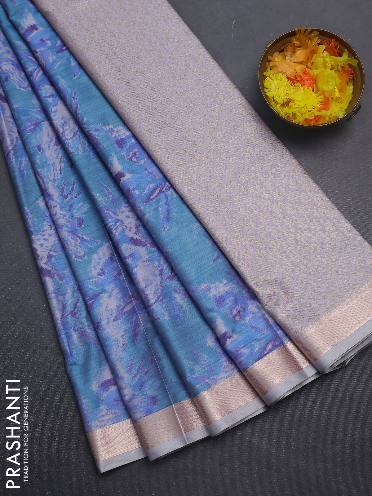 Bangalori semi silk saree pastel blue and pastel grey with allover ikat weaves and zari woven border
