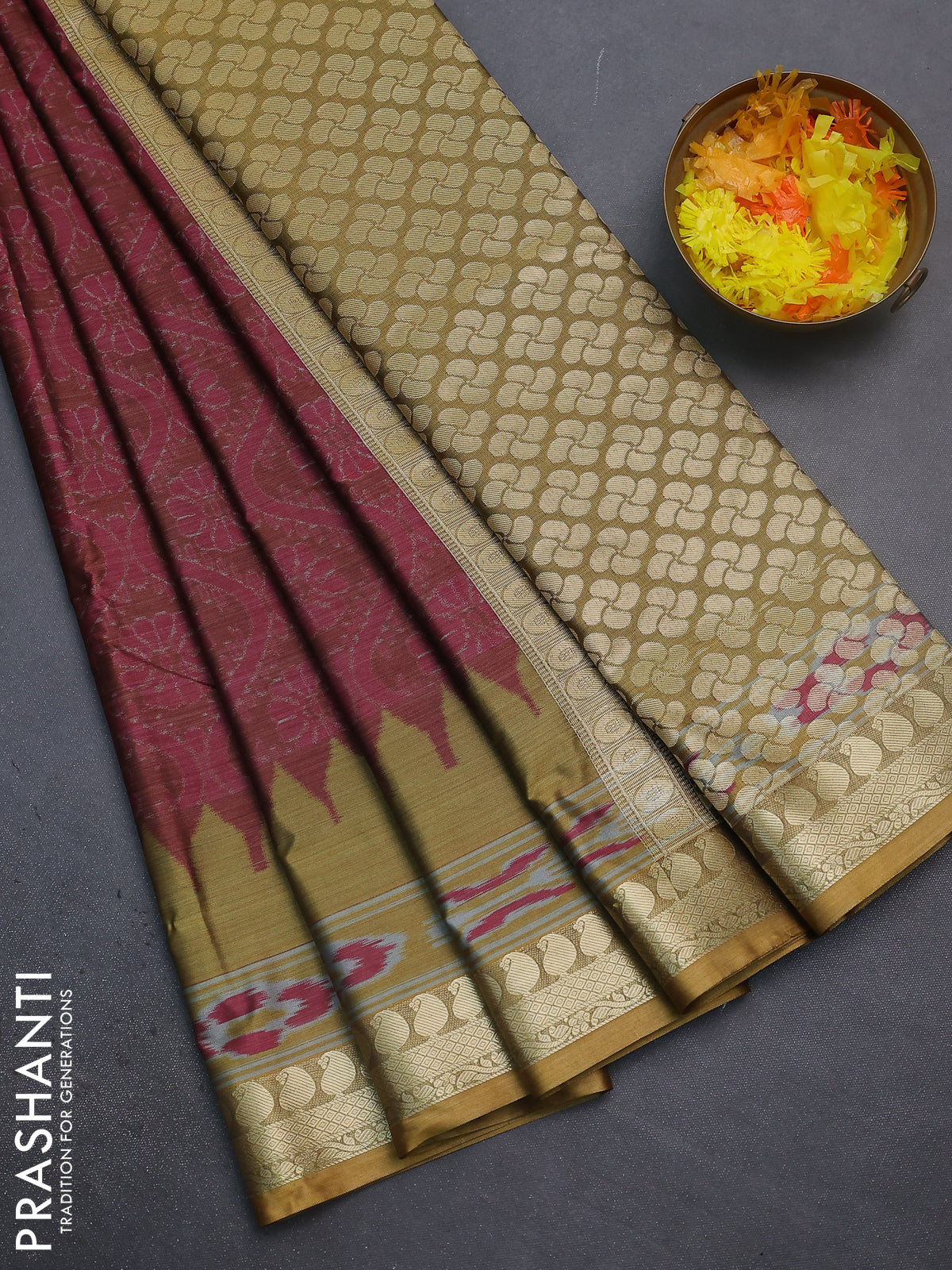 Bangalori semi silk saree rust shade pink and mehendi green with allover ikat weaves and zari woven border