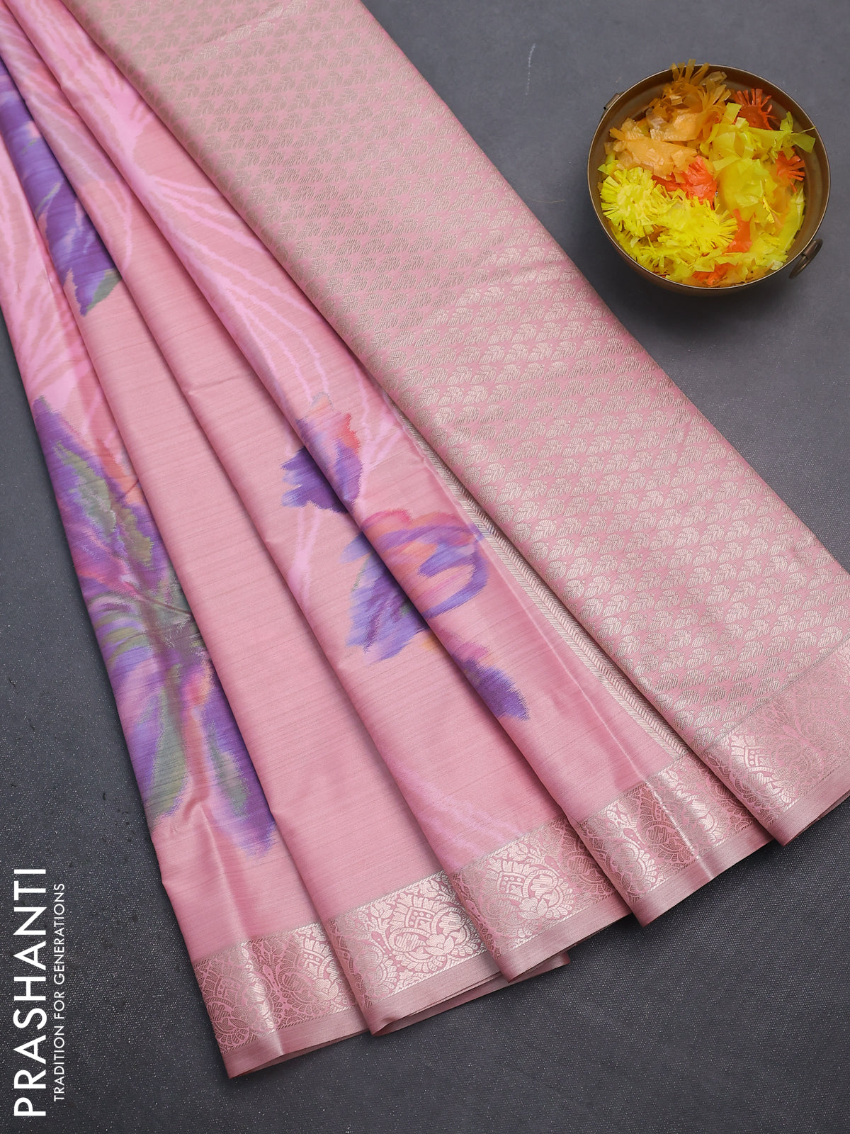 Bangalori semi silk saree peach pink with allover ikat weaves and zari woven border