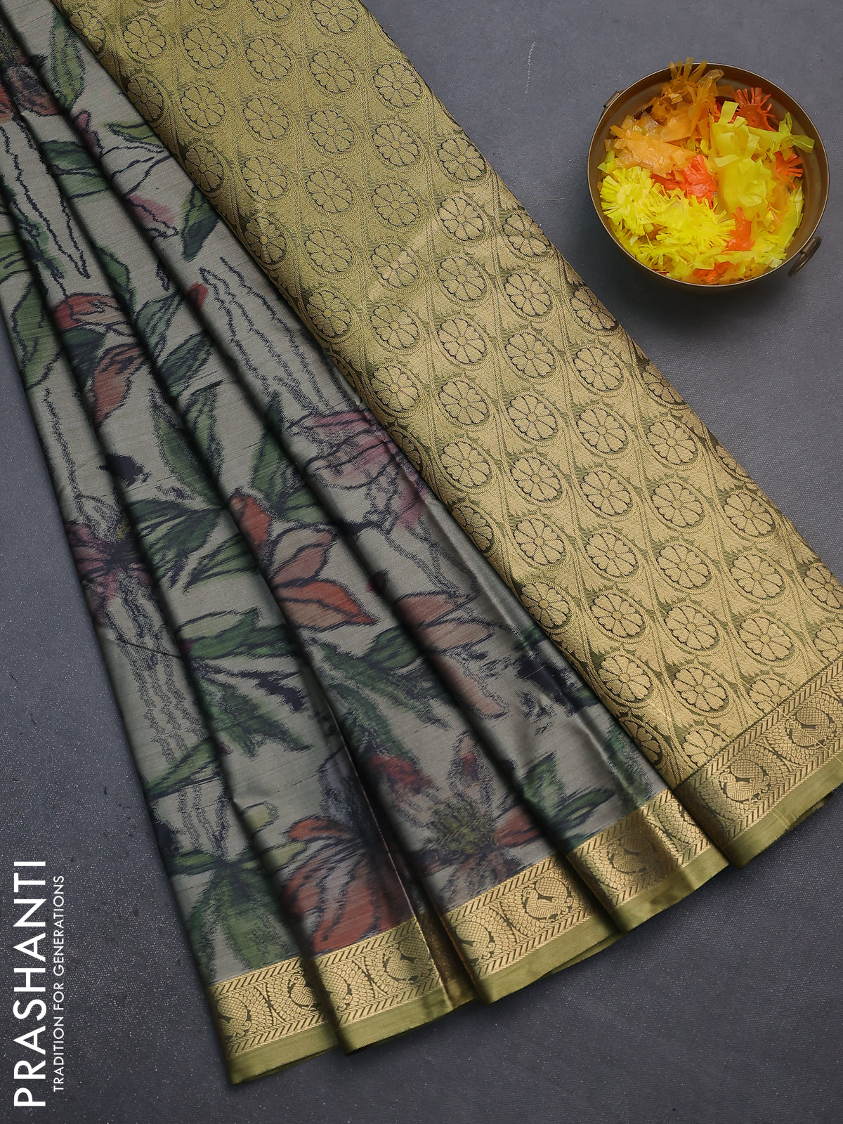 Bangalori semi silk saree grey and mehendi green with allover ikat weaves and zari woven border