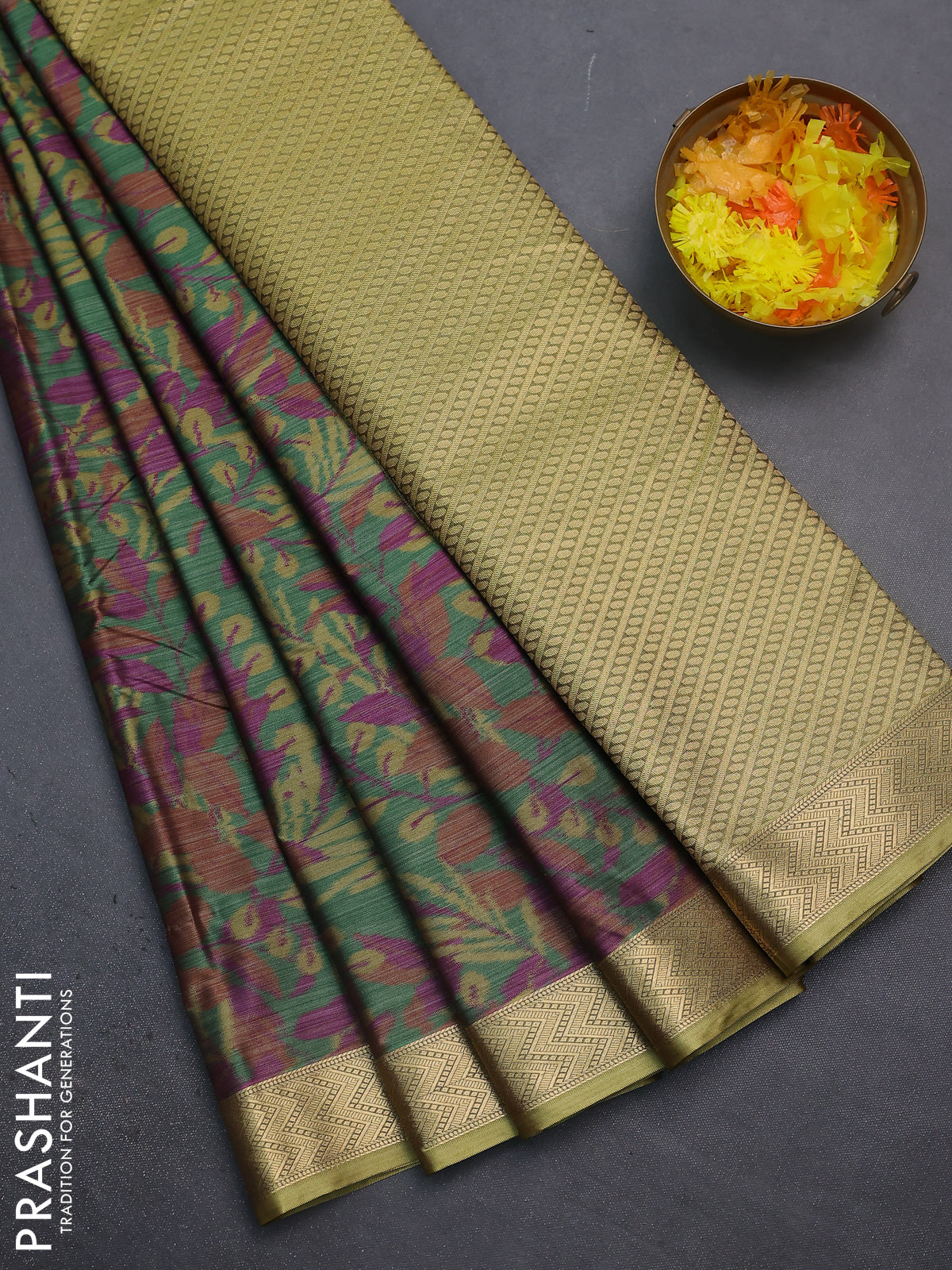 Bangalori semi silk saree green and lime green with allover ikat weaves and zari woven border